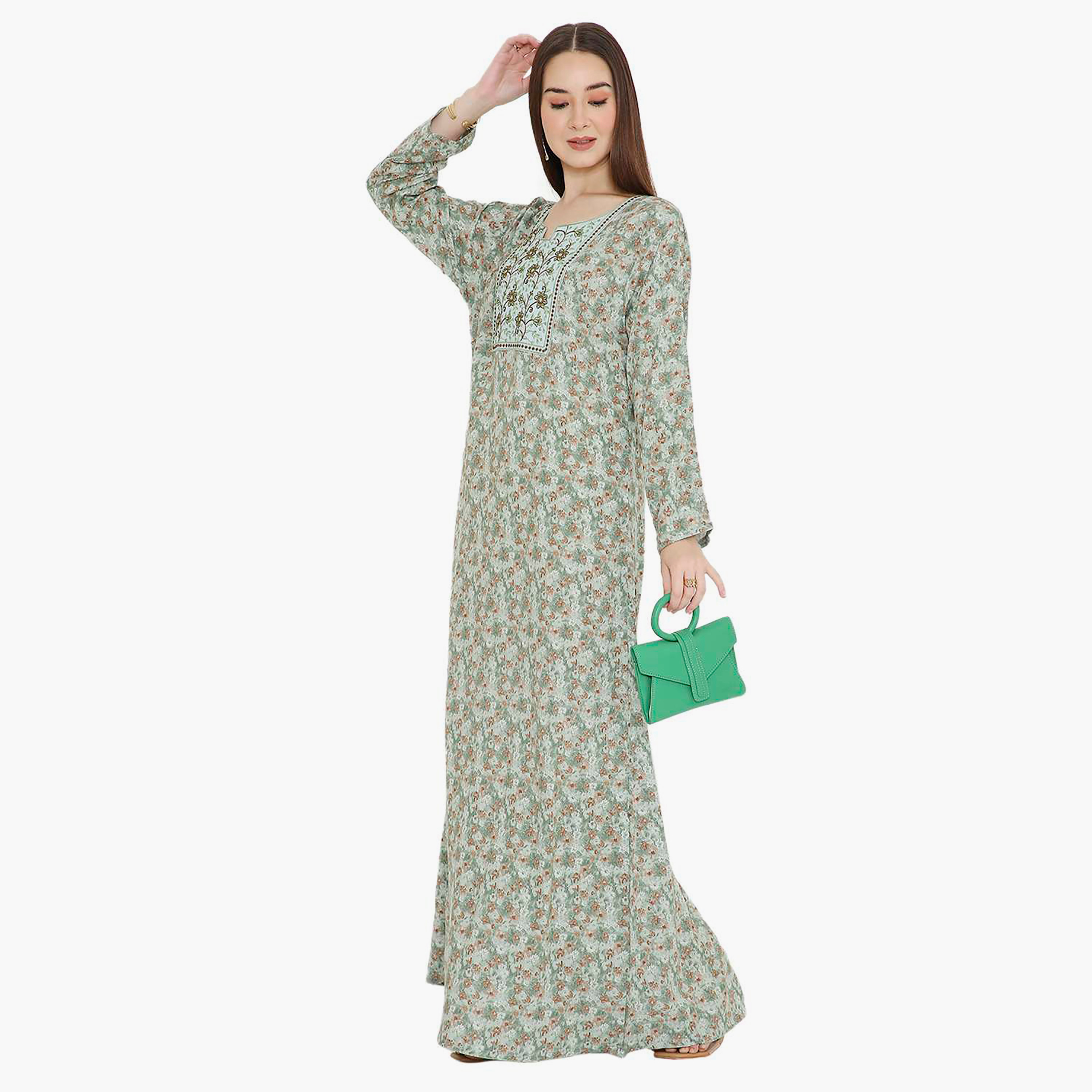 جلابية نسائية باللون الأخضر بطبعة زهور مطرزة ومزينة بفتحة رقبة من هانا اند سارة-women-arabicclothing-jalabiyas-image-3
