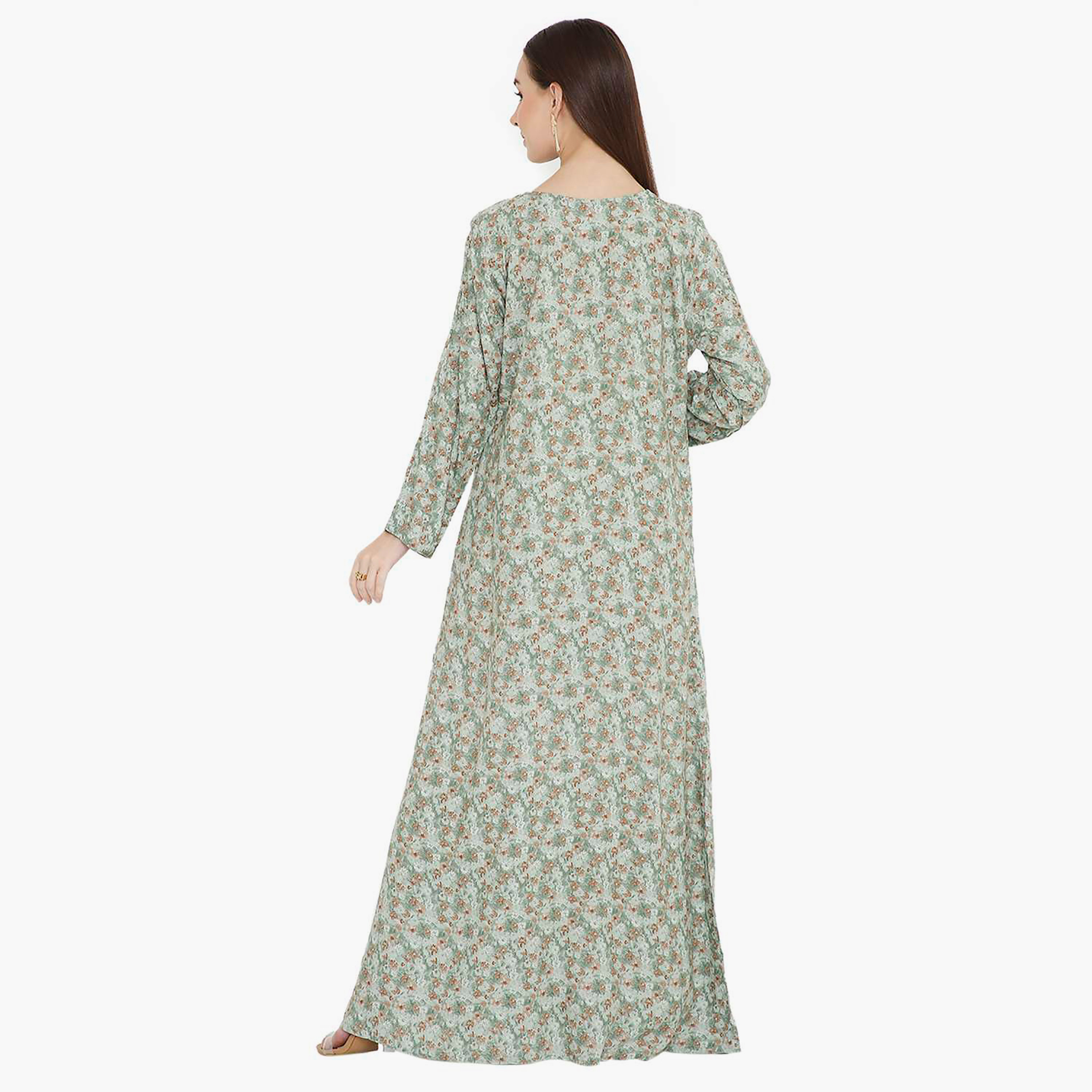 جلابية نسائية باللون الأخضر بطبعة زهور مطرزة ومزينة بفتحة رقبة من هانا اند سارة-women-arabicclothing-jalabiyas-image-4