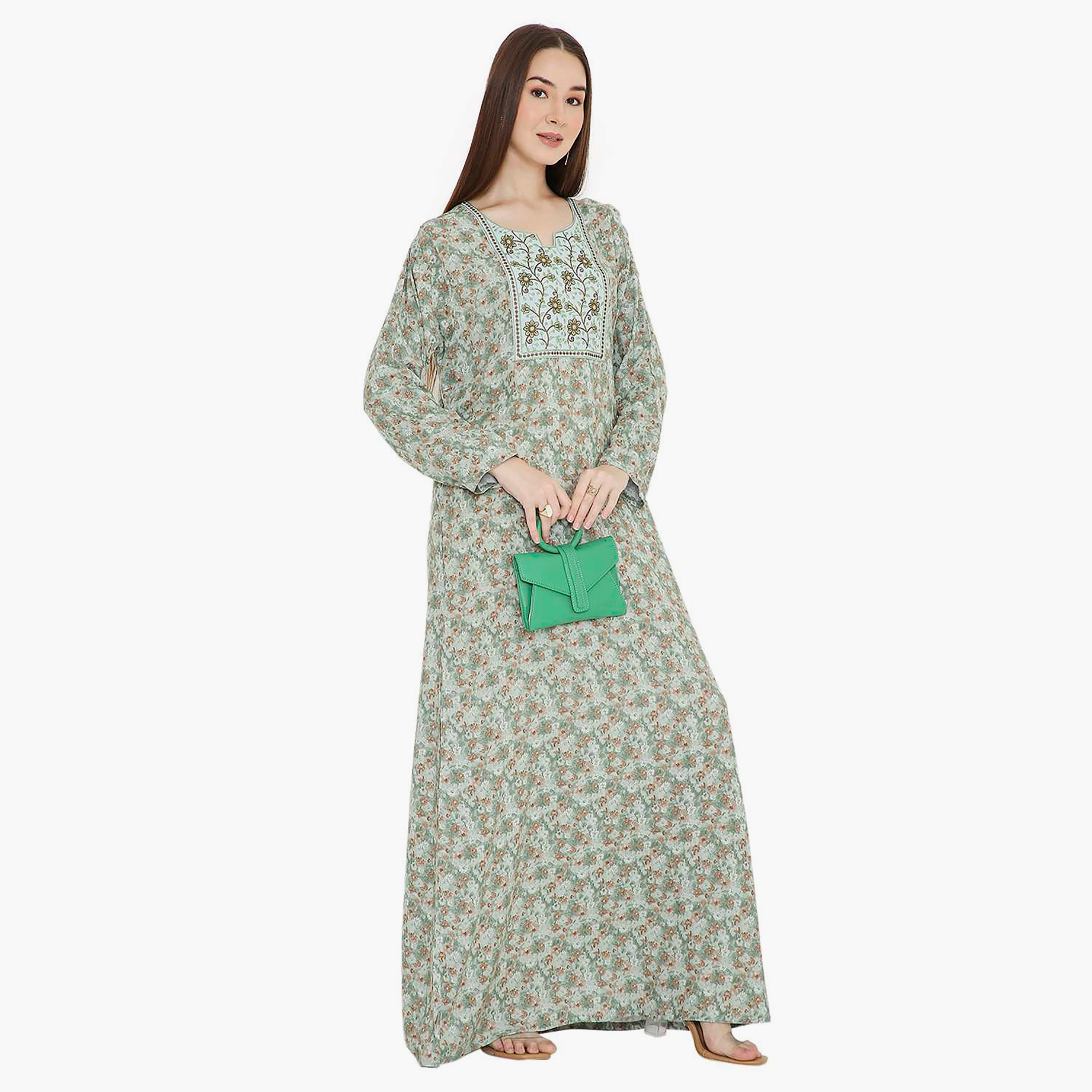 جلابية نسائية باللون الأخضر بطبعة زهور مطرزة ومزينة بفتحة رقبة من هانا اند سارة-women-arabicclothing-jalabiyas-image-5
