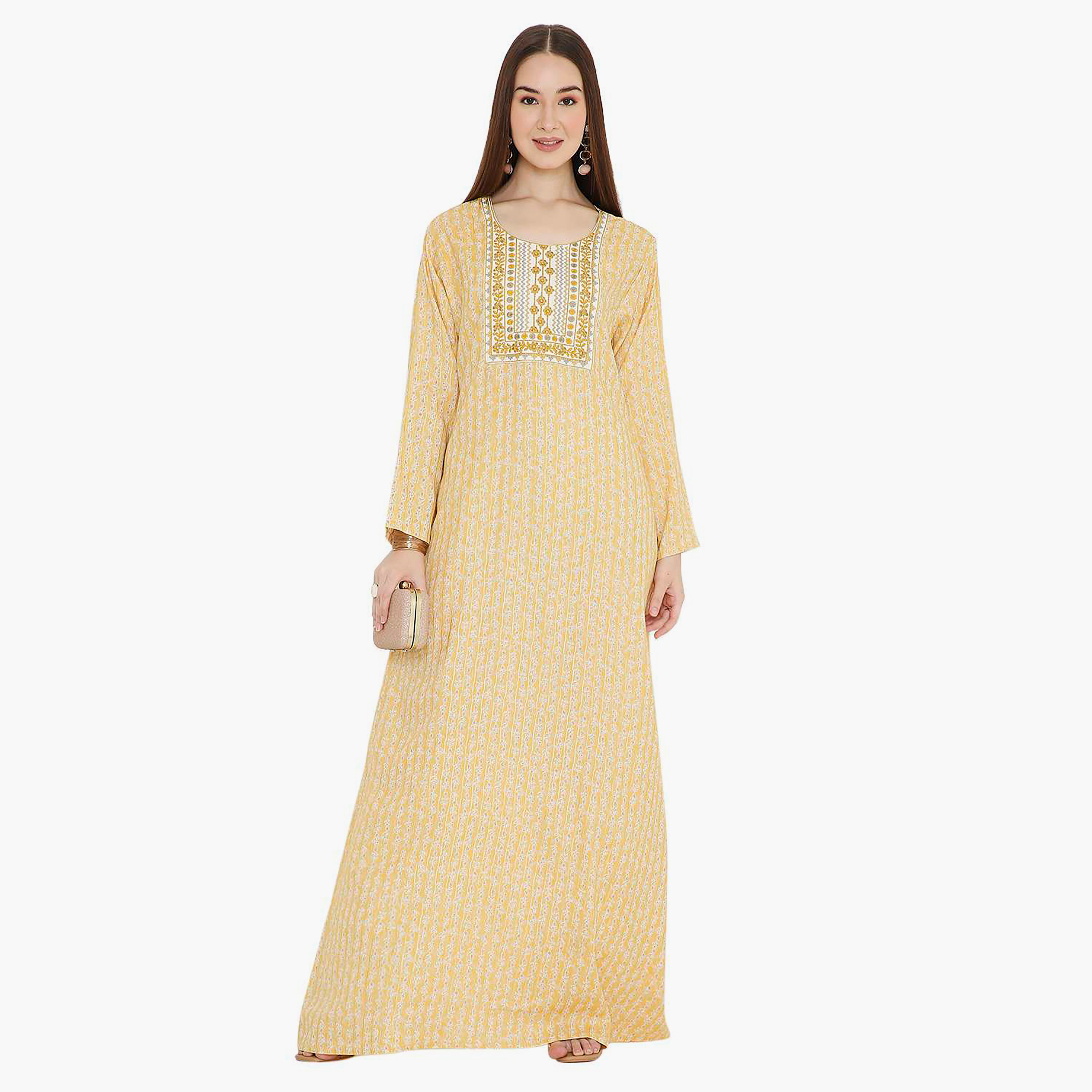 جلابية نسائية باللون الأصفر مطبوعة ومطرزة بتصميم على شكل نير من هانا اند سارة-women-arabicclothing-jalabiyas-image-1