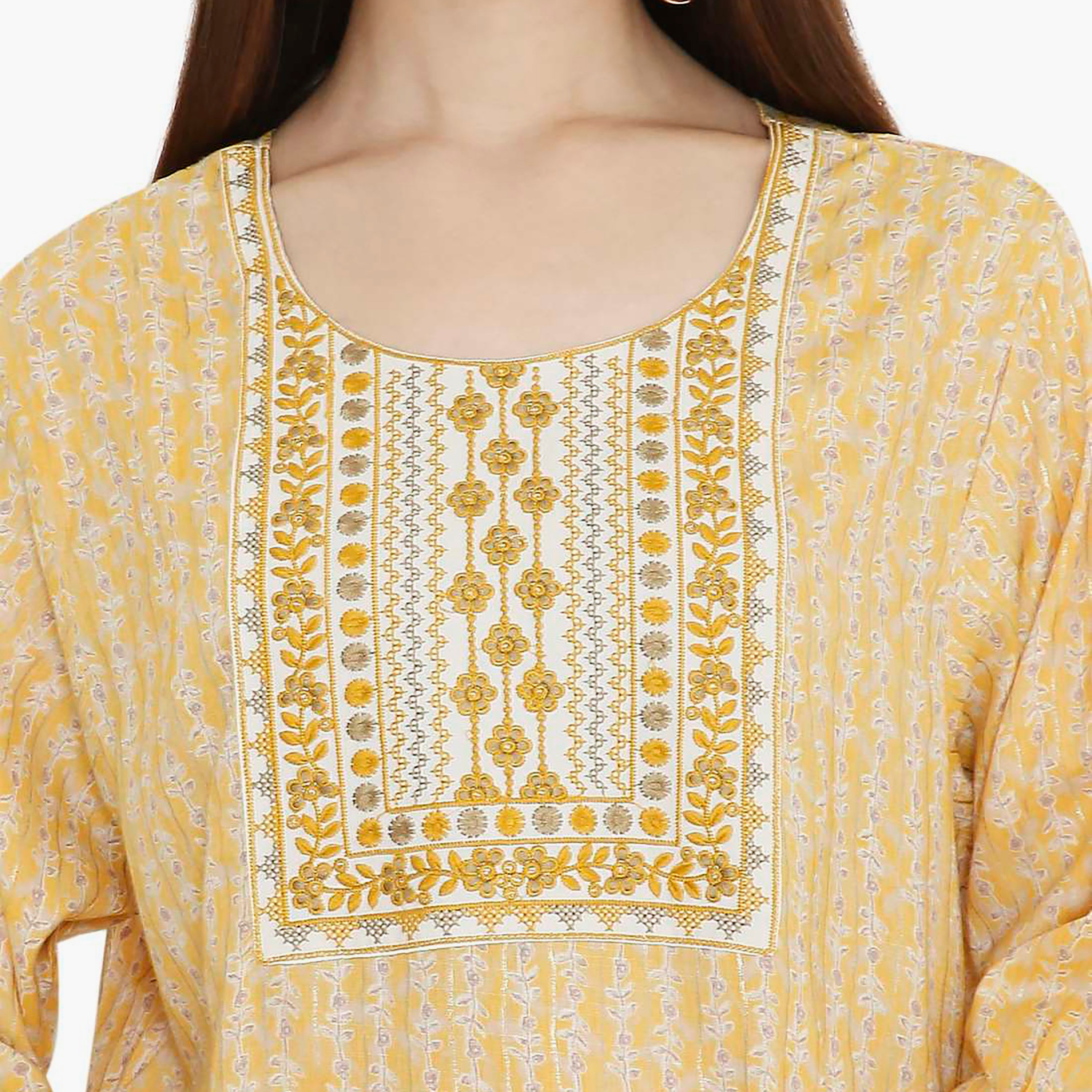 Hana & Sara Yellow Printed and Embroidered Yoke Design Neck Women's Jalabiya-women-arabicclothing-jalabiyas-image-2