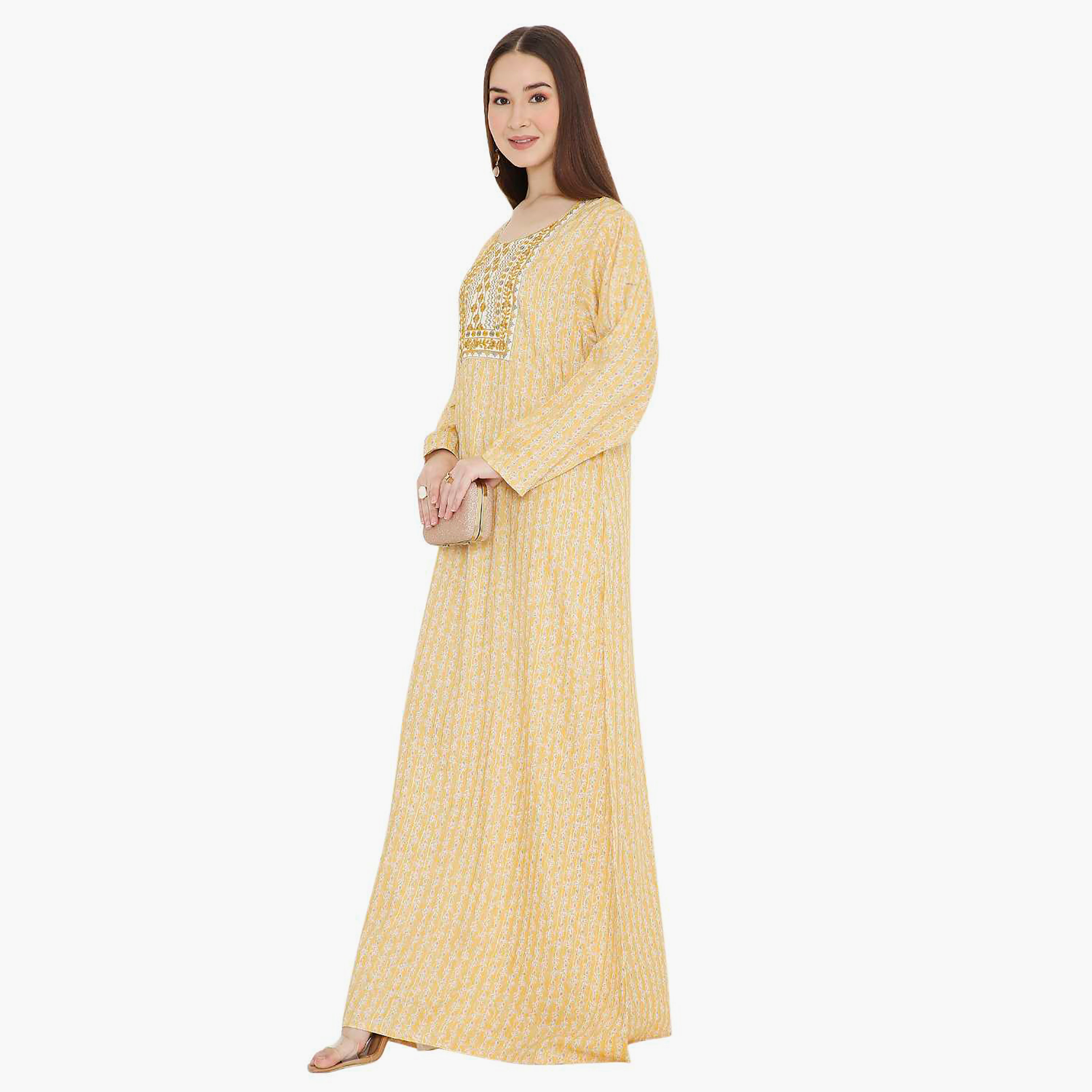Hana & Sara Yellow Printed and Embroidered Yoke Design Neck Women's Jalabiya-women-arabicclothing-jalabiyas-image-3