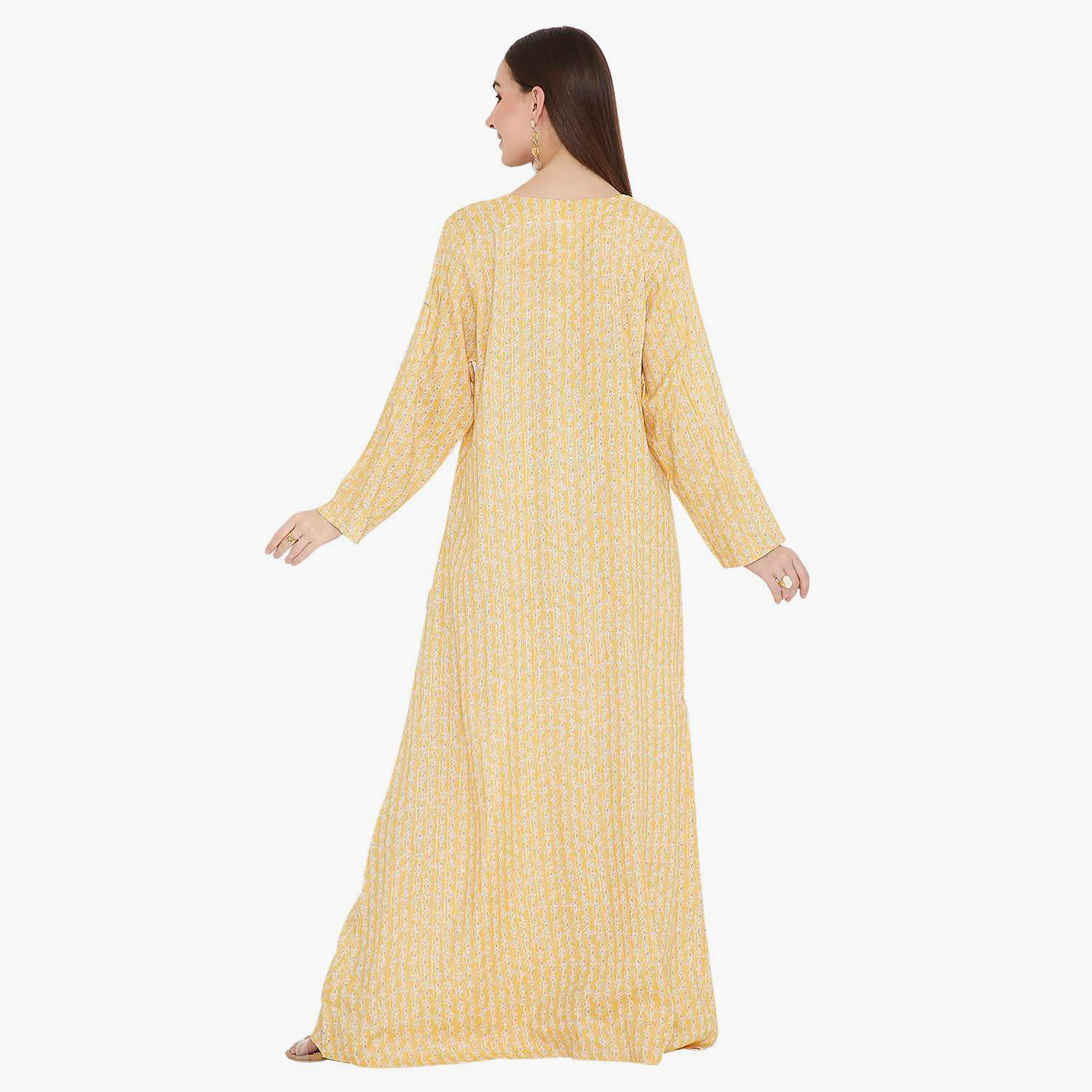 Hana & Sara Yellow Printed and Embroidered Yoke Design Neck Women's Jalabiya-women-arabicclothing-jalabiyas-image-4