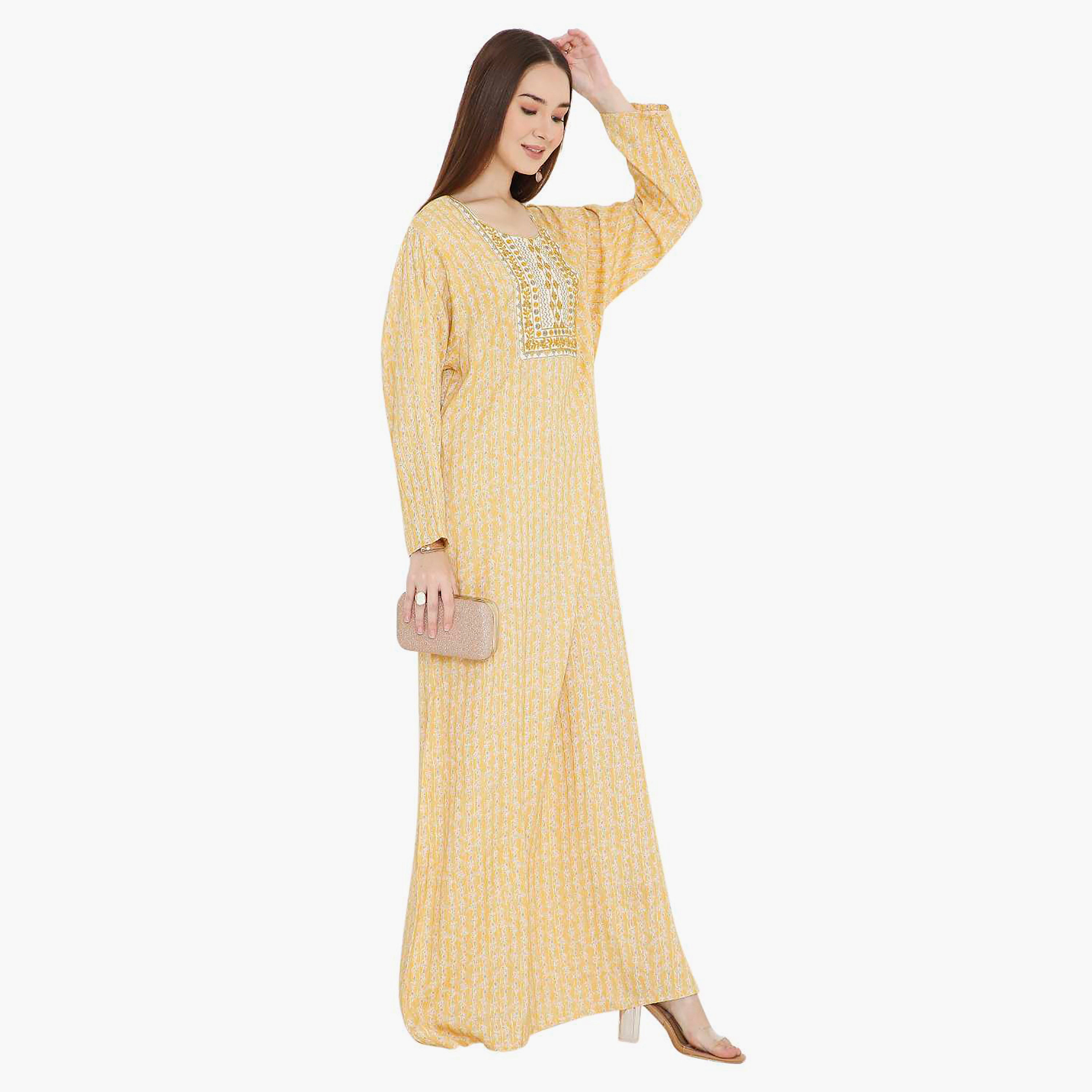 Hana & Sara Yellow Printed and Embroidered Yoke Design Neck Women's Jalabiya-women-arabicclothing-jalabiyas-image-5