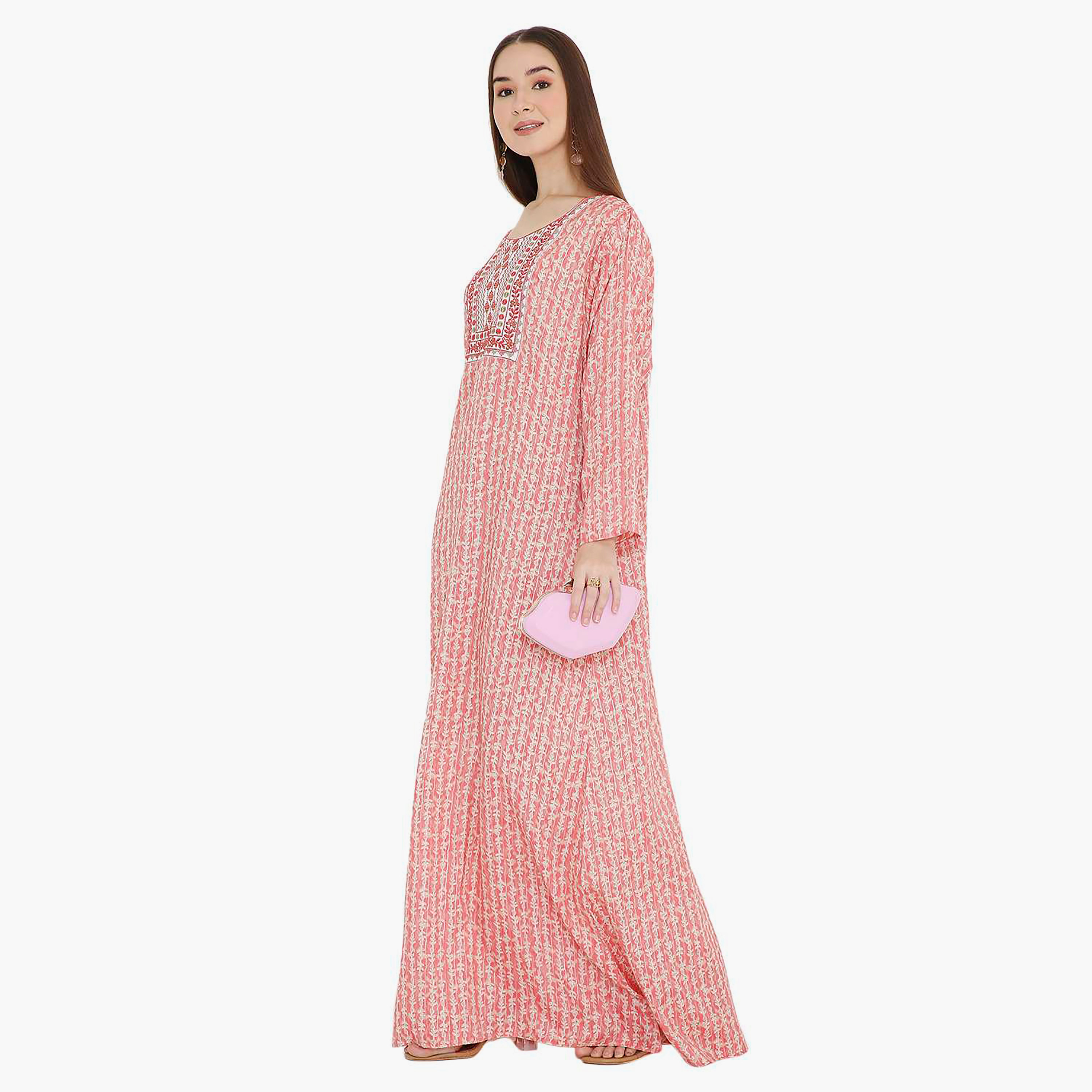 جلابية نسائية باللون الأحمر مطبوعة ومطرزة بتصميم على شكل نير من هانا اند سارة-women-arabicclothing-jalabiyas-image-3