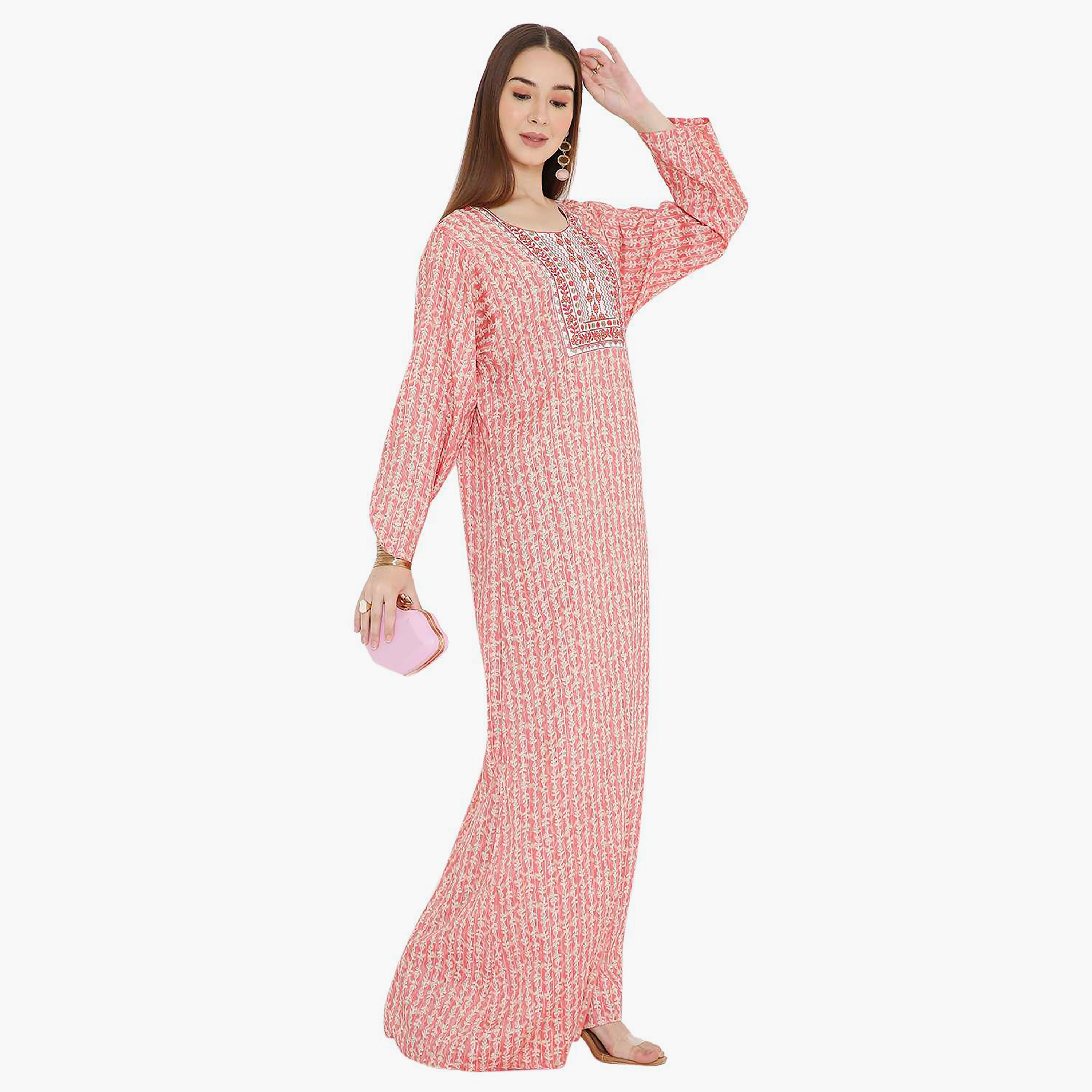 Hana & Sara Red Printed and Embroidered Yoke Design Neck Women's Jalabiya-women-arabicclothing-jalabiyas-image-5