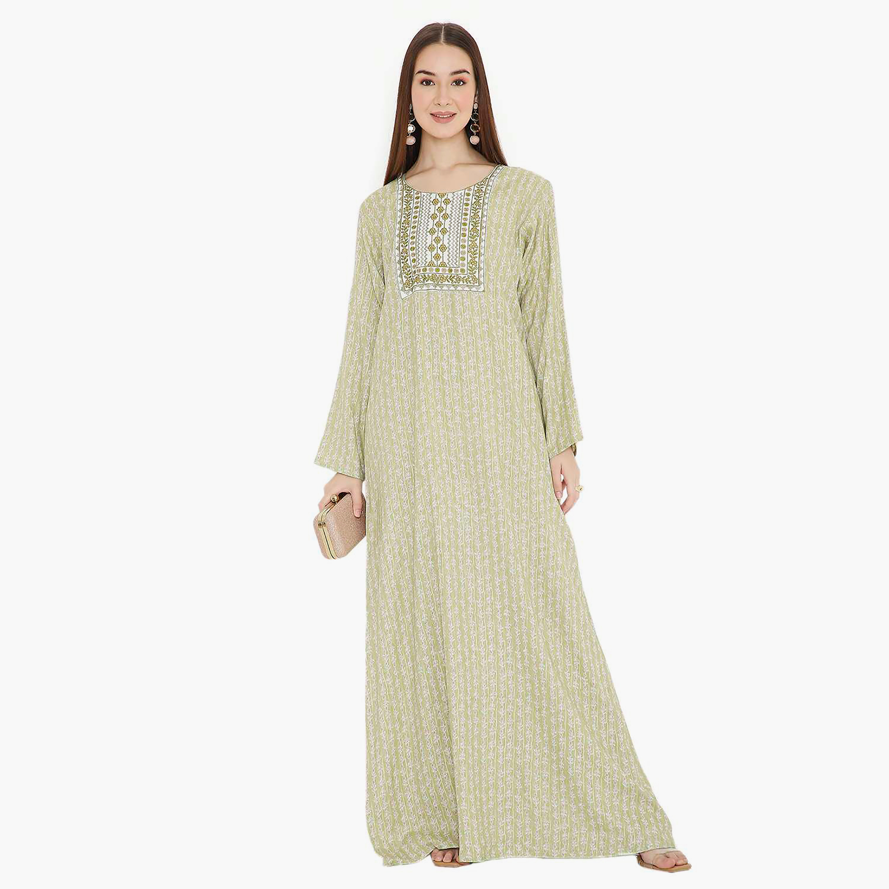 Hana & Sara Green Printed and Embroidered Yoke Design Neck Women's Jalabiya-women-arabicclothing-jalabiyas-image-1
