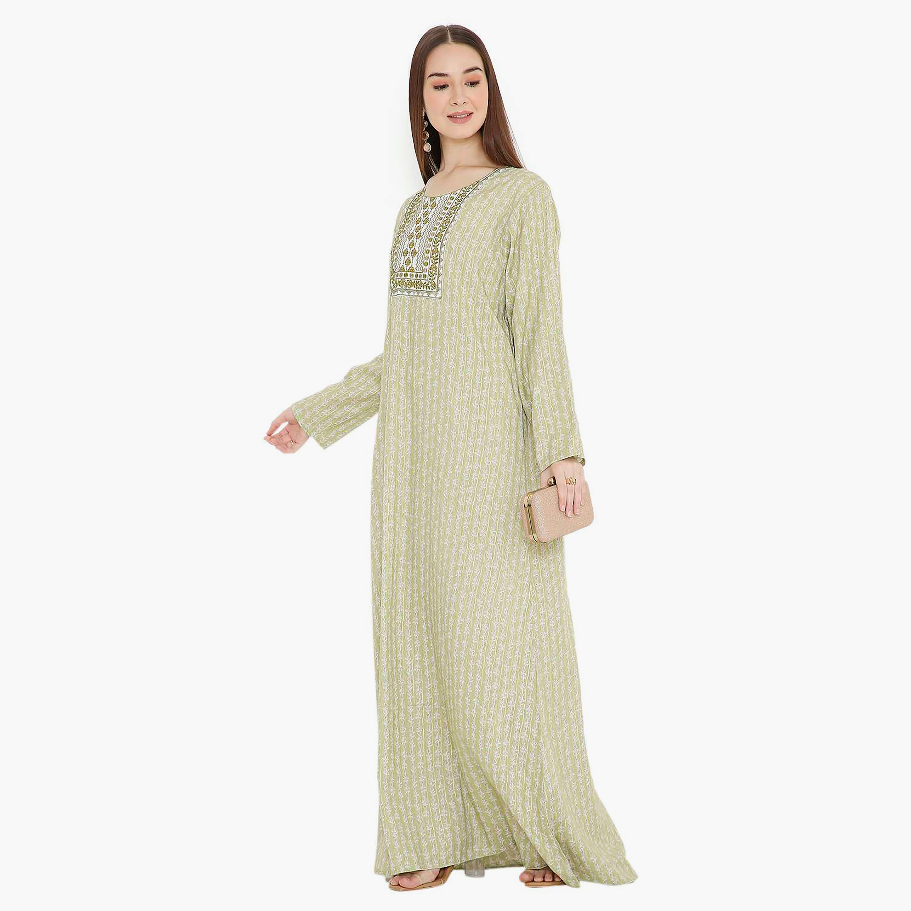 Hana & Sara Green Printed and Embroidered Yoke Design Neck Women's Jalabiya-women-arabicclothing-jalabiyas-image-3