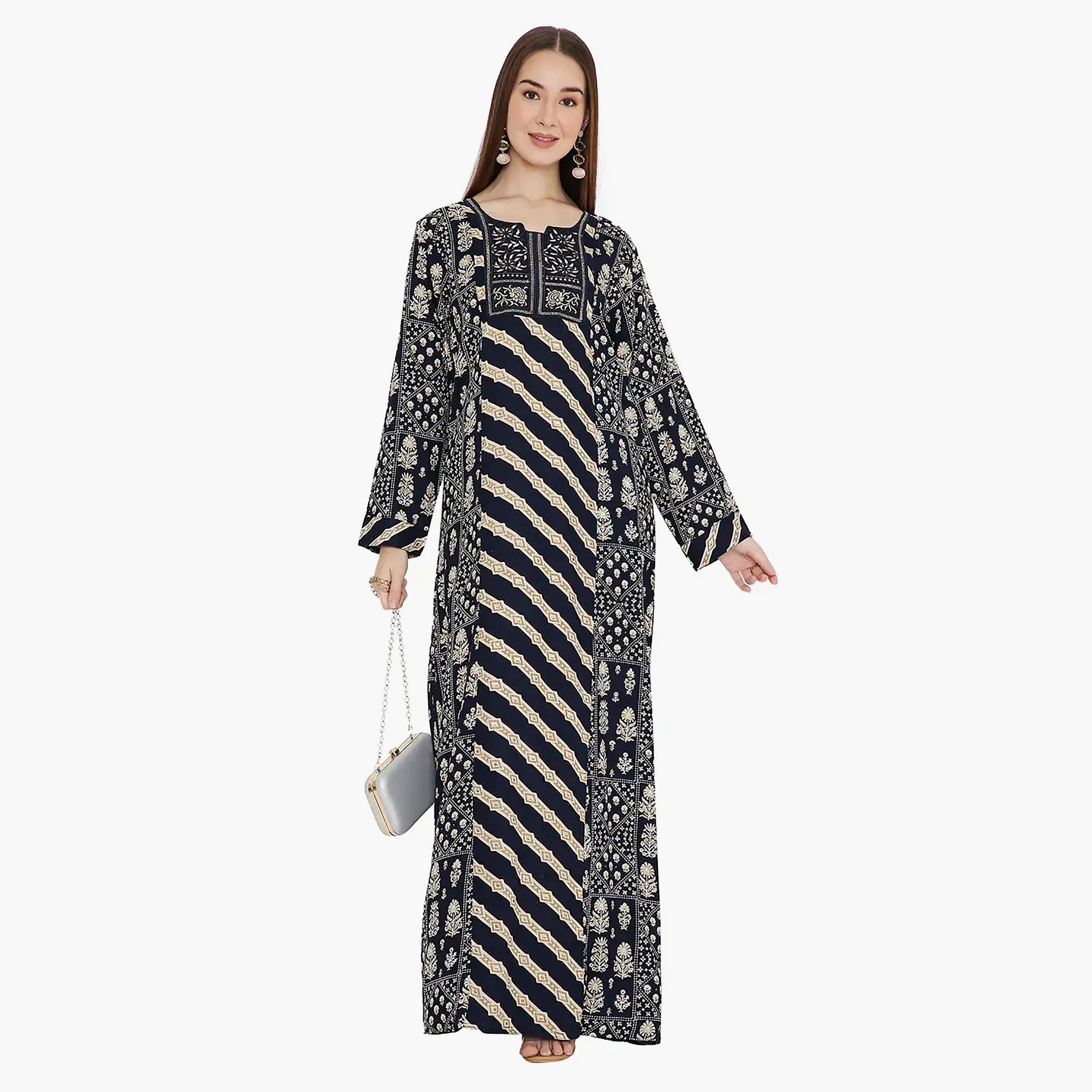 جلابية نسائية باللون الأزرق بطبعة زهور مطرزة وتصميم على شكل نير من هانا اند سارة-women-arabicclothing-jalabiyas-image-1