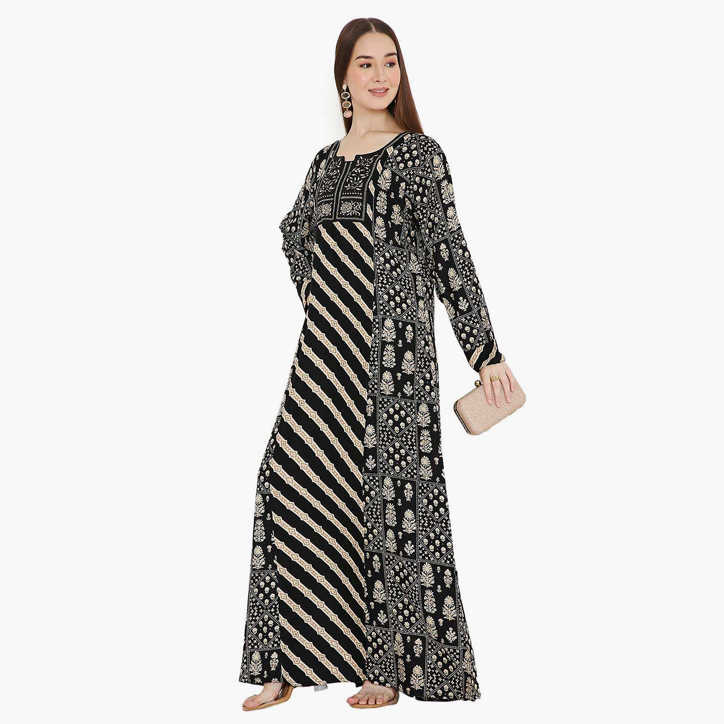 Hana & Sara Black Floral Printed and Embroidered Yoke Design Neck Women's Jalabiya-women-arabicclothing-jalabiyas-image-1