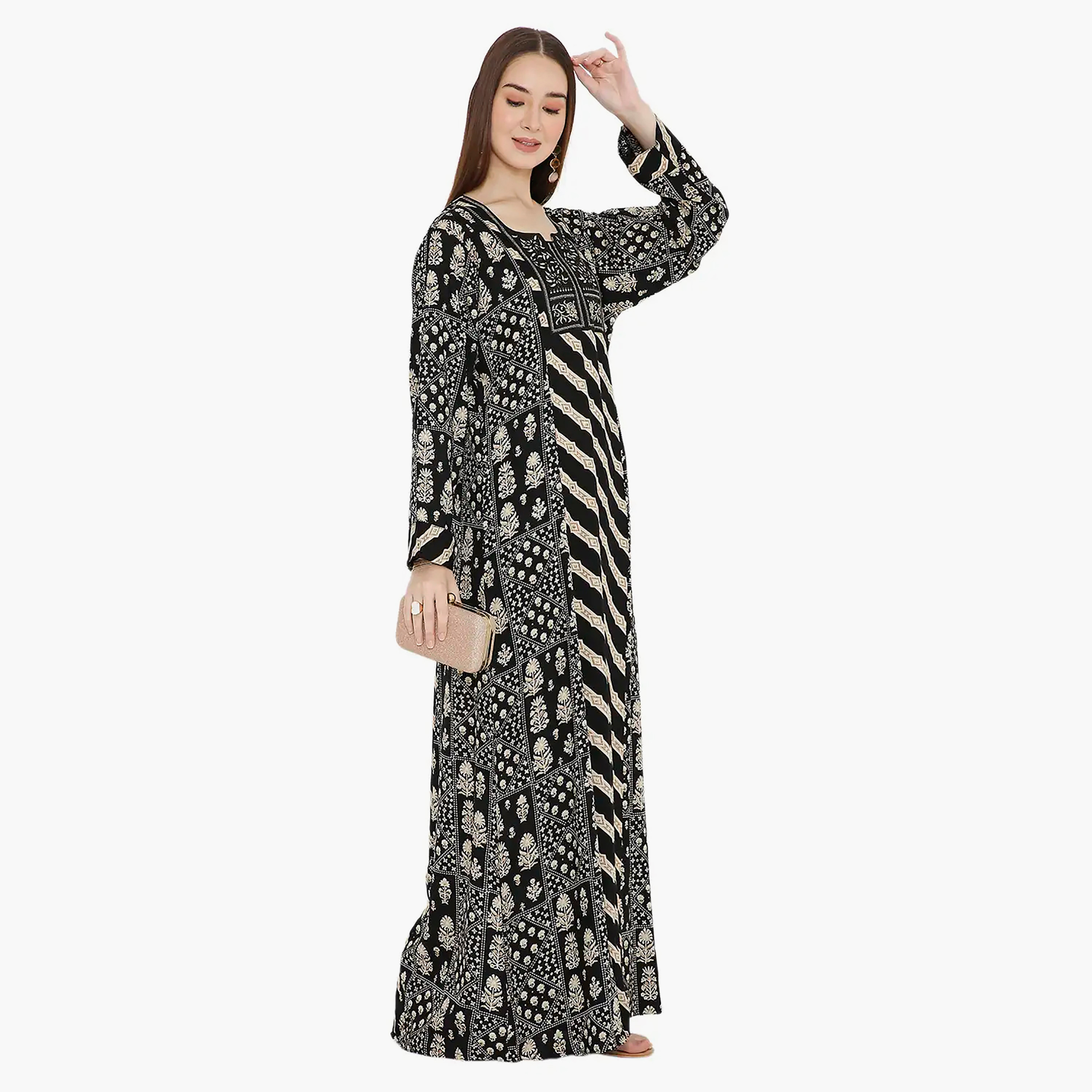 Hana & Sara Black Floral Printed and Embroidered Yoke Design Neck Women's Jalabiya-women-arabicclothing-jalabiyas-image-2