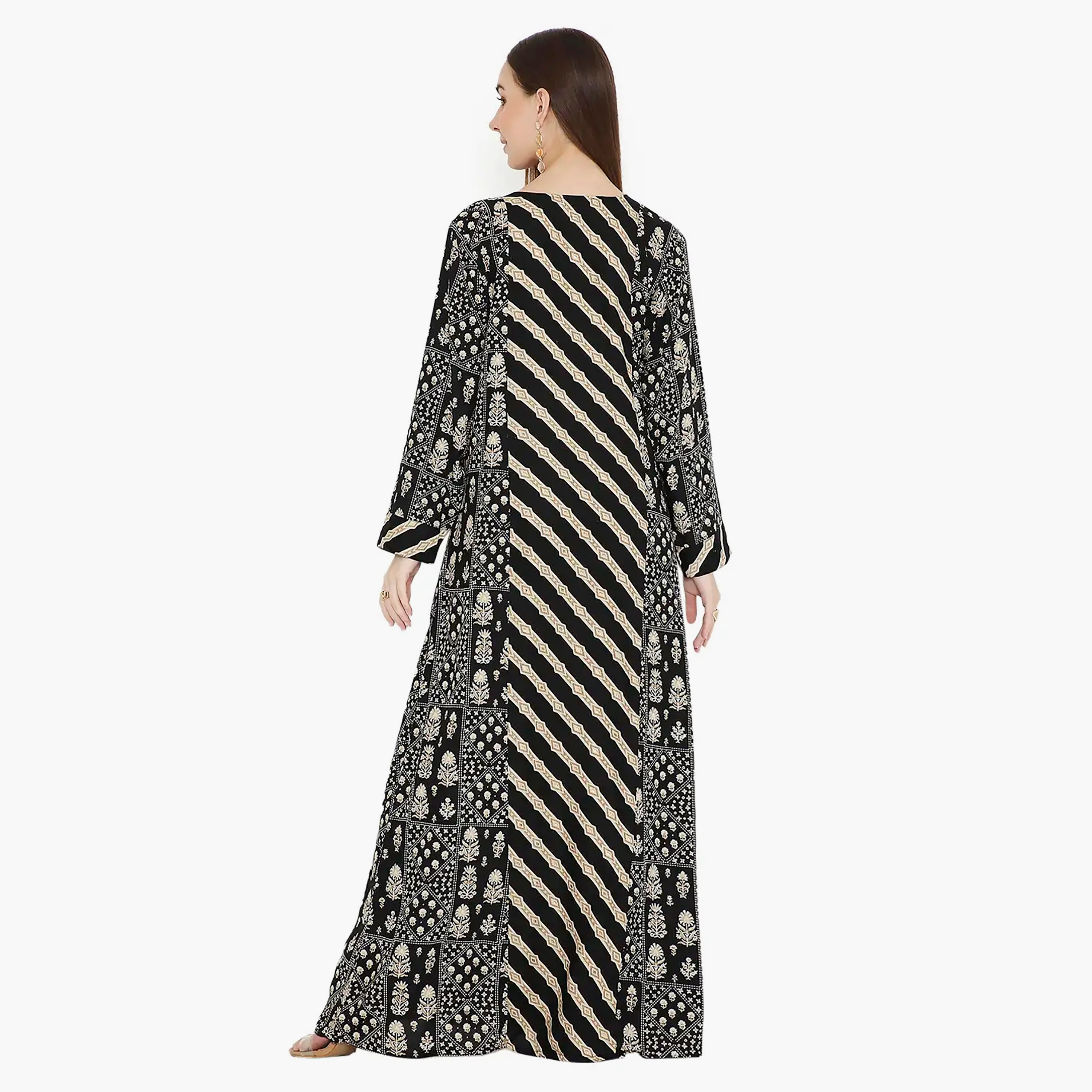 Hana & Sara Black Floral Printed and Embroidered Yoke Design Neck Women's Jalabiya-women-arabicclothing-jalabiyas-image-3