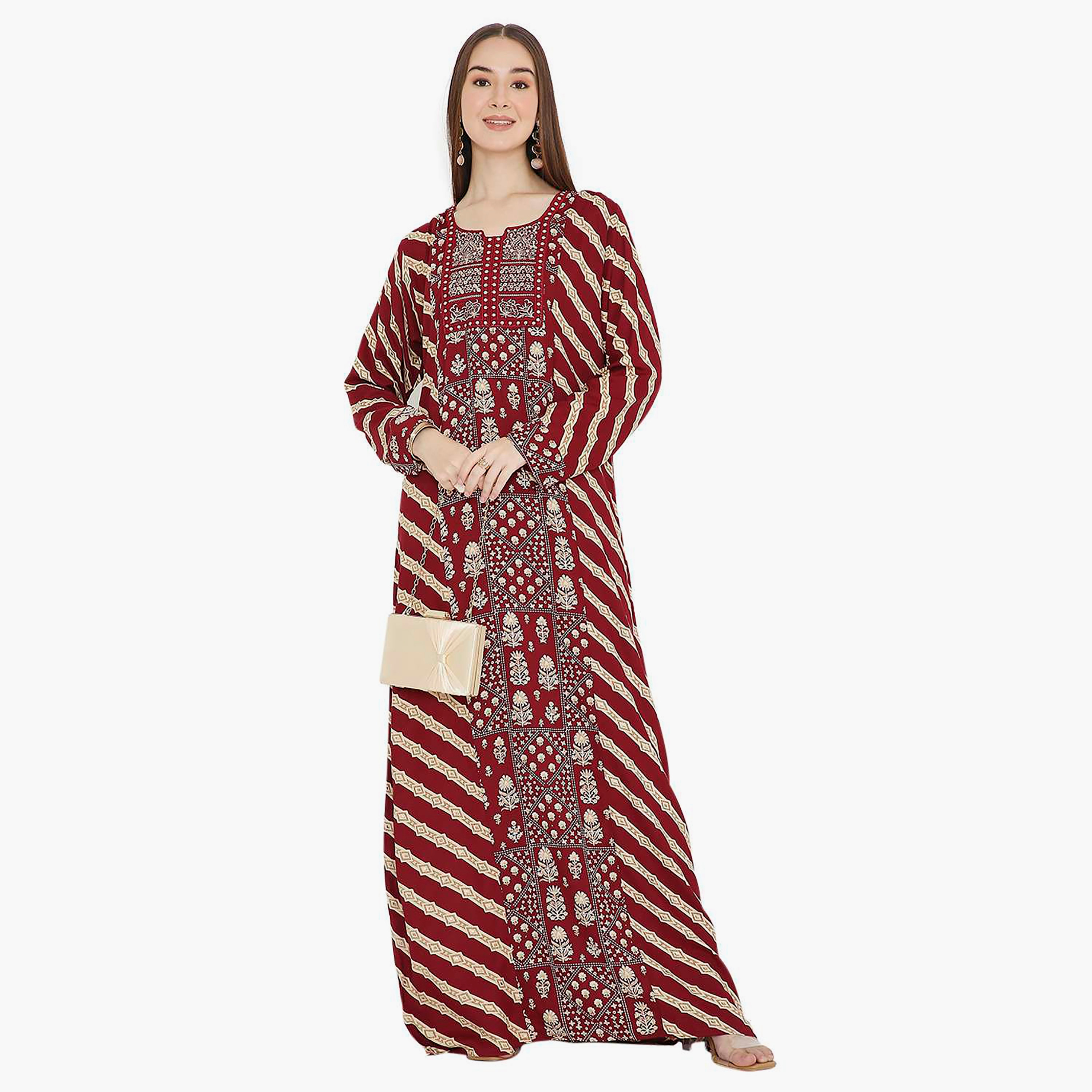 Hana & Sara Maroon Floral Printed and Embroidered Yoke Design Neck Women's Jalabiya-women-arabicclothing-jalabiyas-image-1