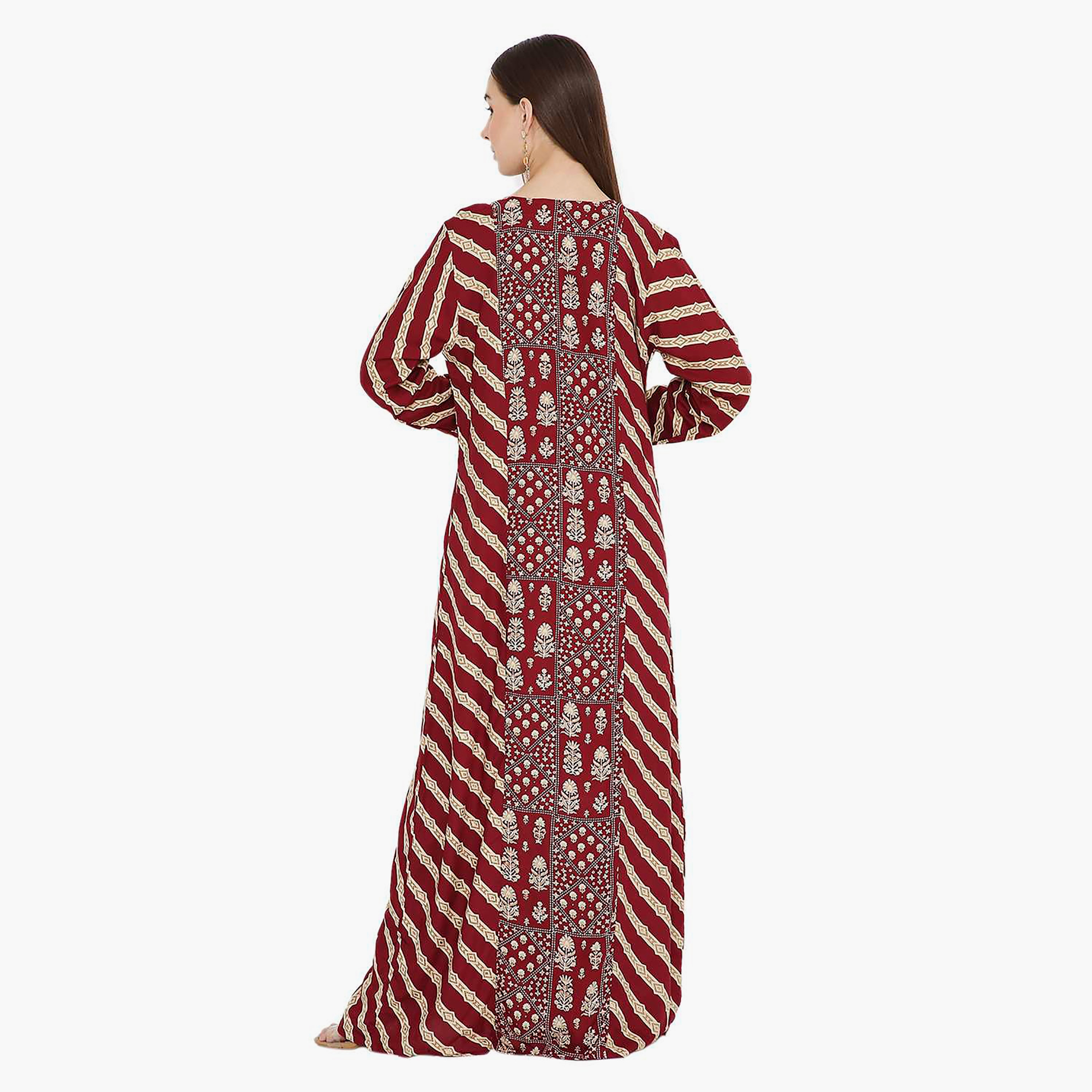 Hana & Sara Maroon Floral Printed and Embroidered Yoke Design Neck Women's Jalabiya-women-arabicclothing-jalabiyas-image-4
