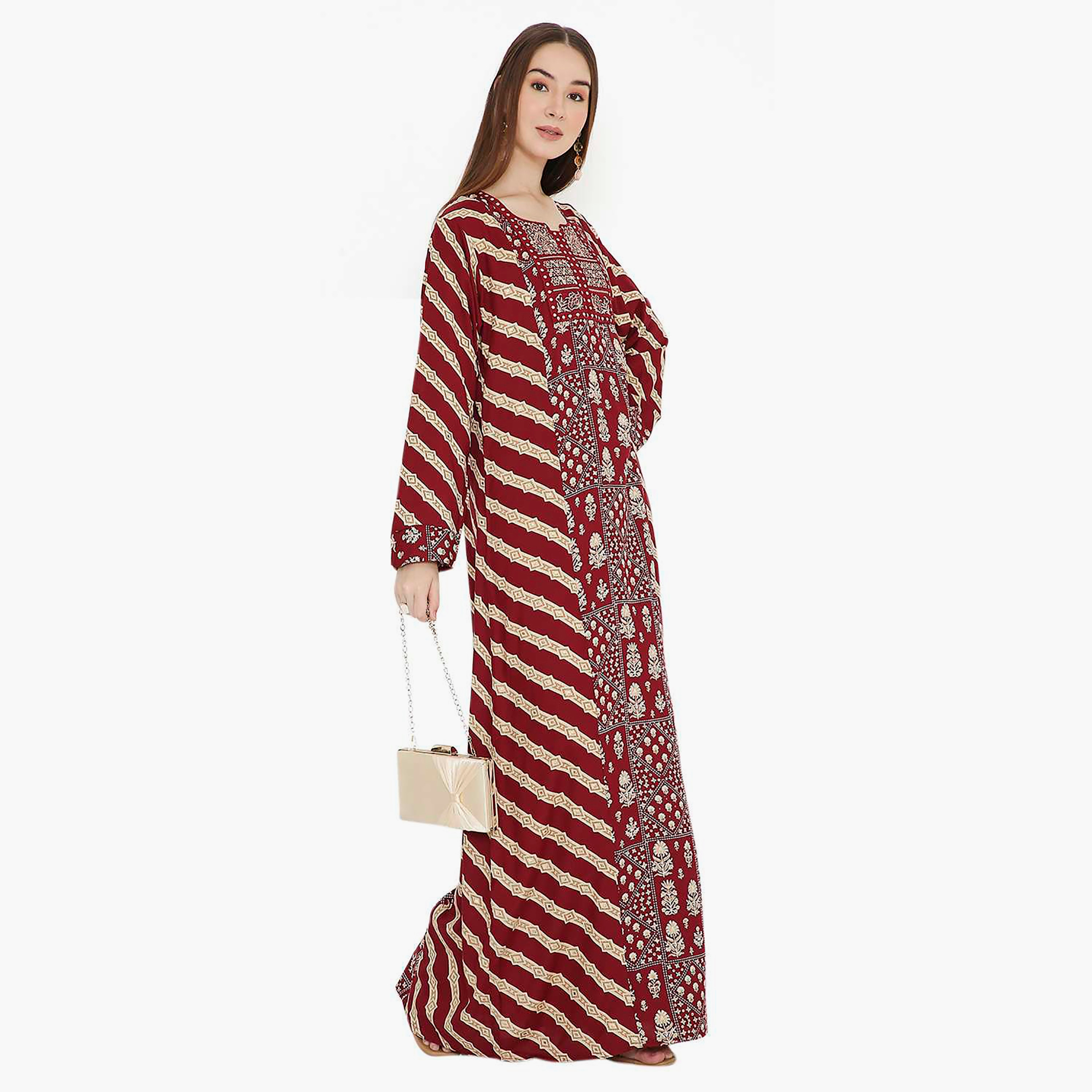 Hana & Sara Maroon Floral Printed and Embroidered Yoke Design Neck Women's Jalabiya-women-arabicclothing-jalabiyas-image-5