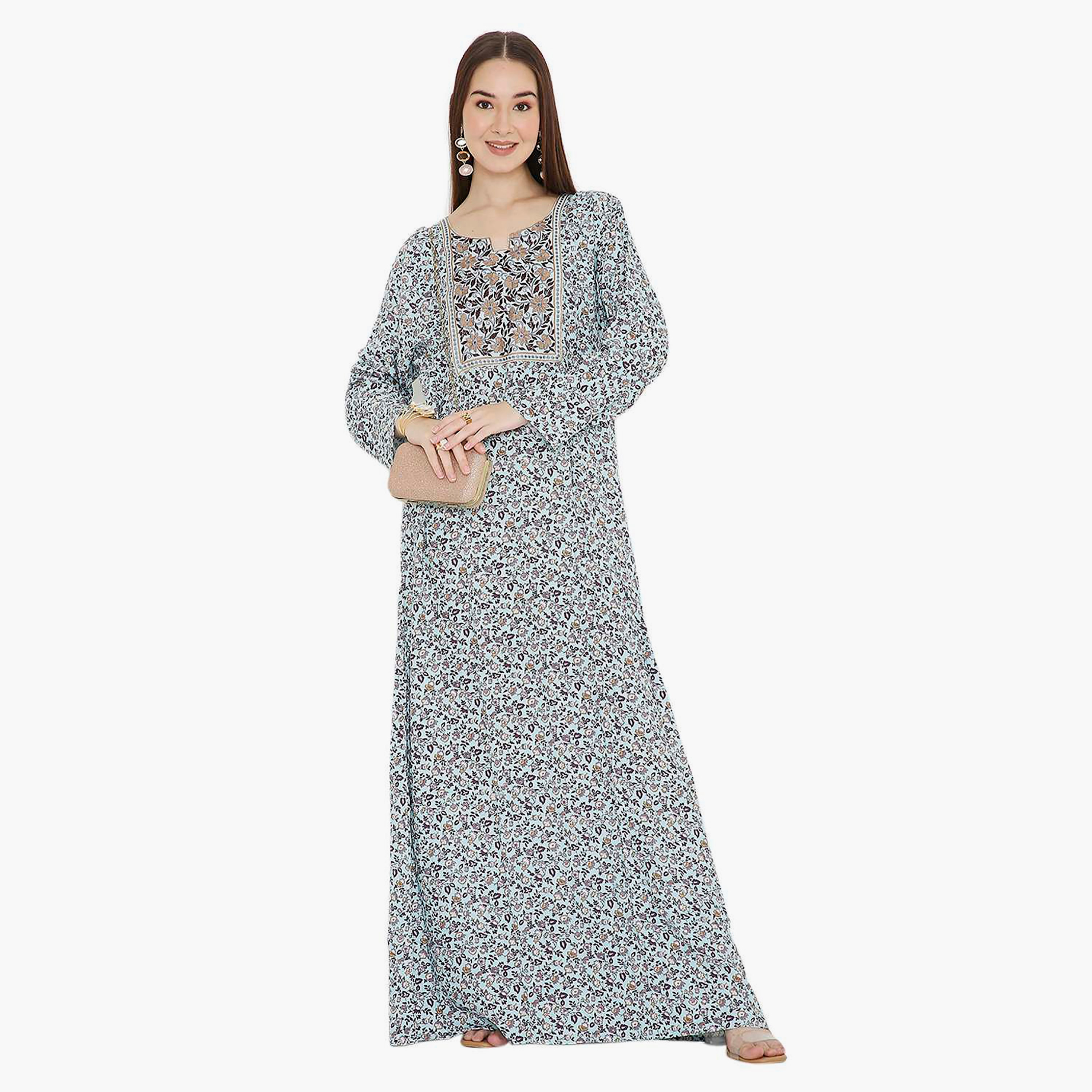 جلابية نسائية باللون الأزرق بطبعة زهور مطرزة وتصميم على شكل نير من هانا اند سارة-women-arabicclothing-jalabiyas-image-1
