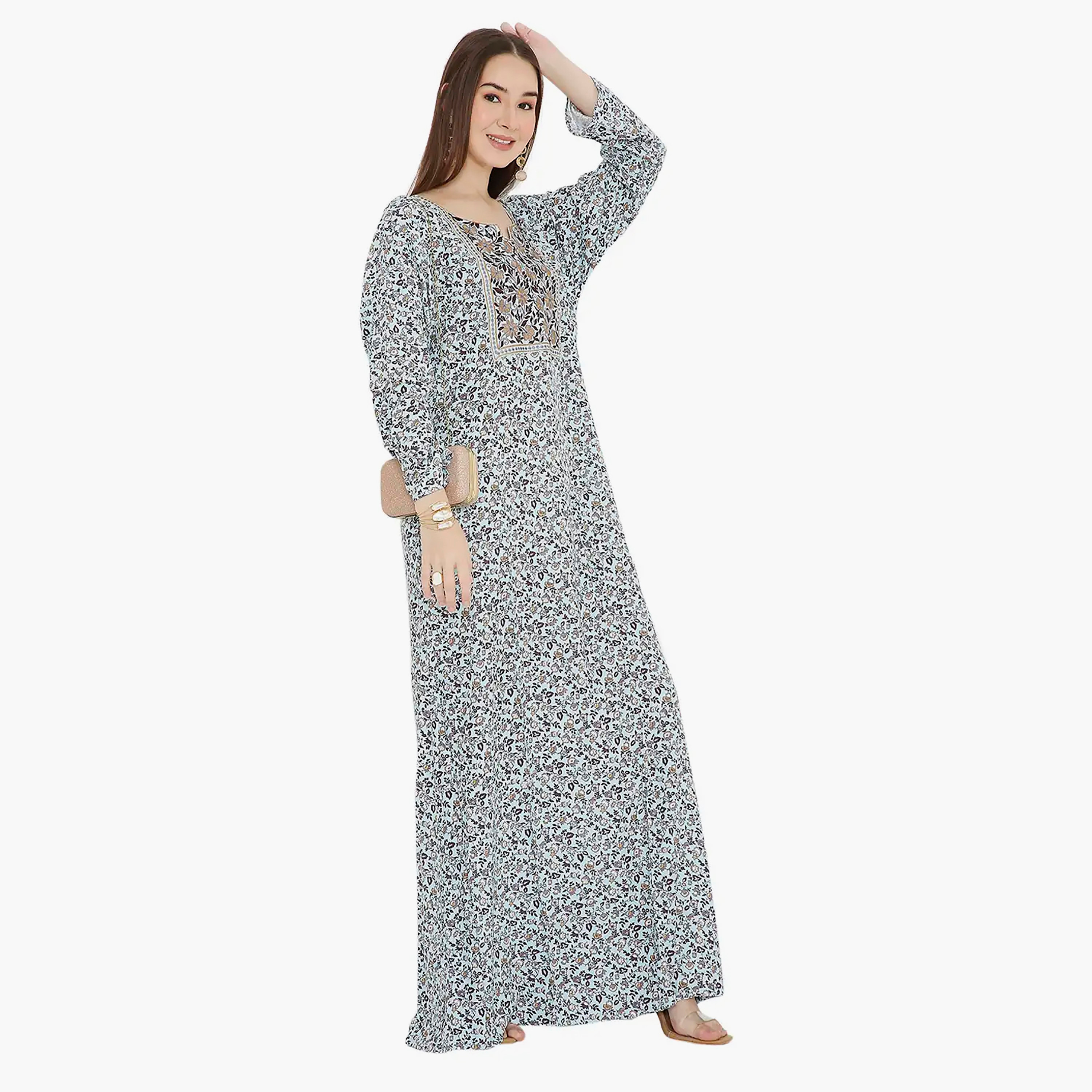 جلابية نسائية باللون الأزرق بطبعة زهور مطرزة وتصميم على شكل نير من هانا اند سارة-women-arabicclothing-jalabiyas-image-3