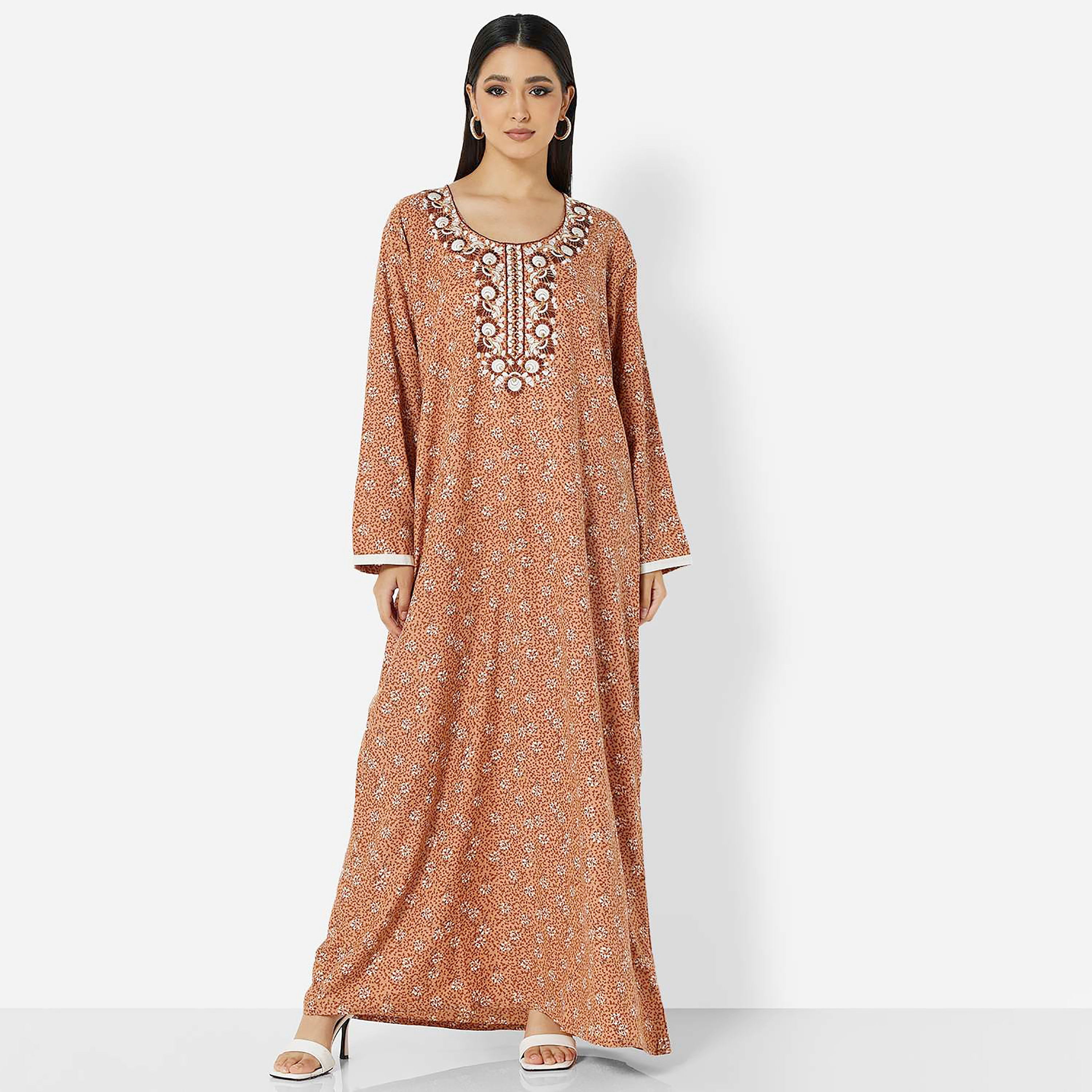 Hana & Sara Brown Embroidered Women's Jalabiya-women-arabicclothing-jalabiyas-image-1