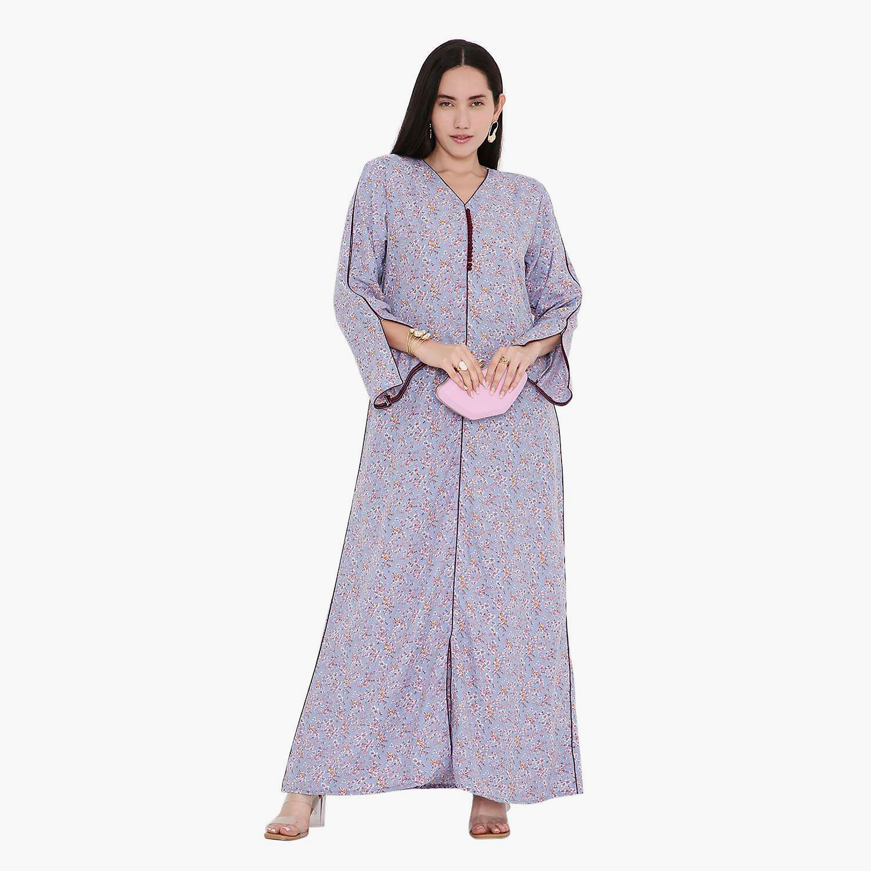 جلابية بطبعات الأزهار وأكمام مشقوقة وحواف متباينة من هانا اند سارة-women-arabicclothing-jalabiyas-image-11