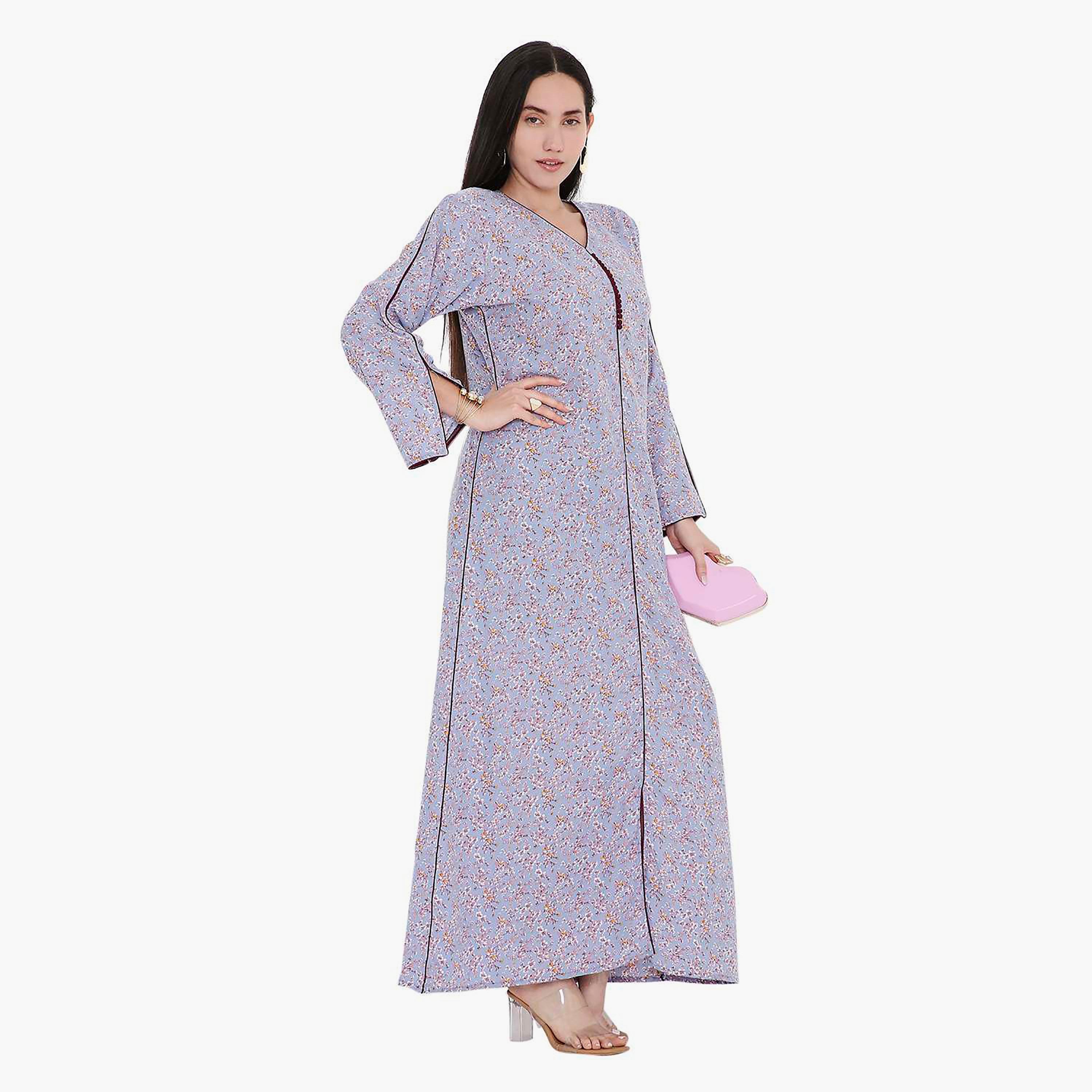 جلابية بطبعات الأزهار وأكمام مشقوقة وحواف متباينة من هانا اند سارة-women-arabicclothing-jalabiyas-image-12