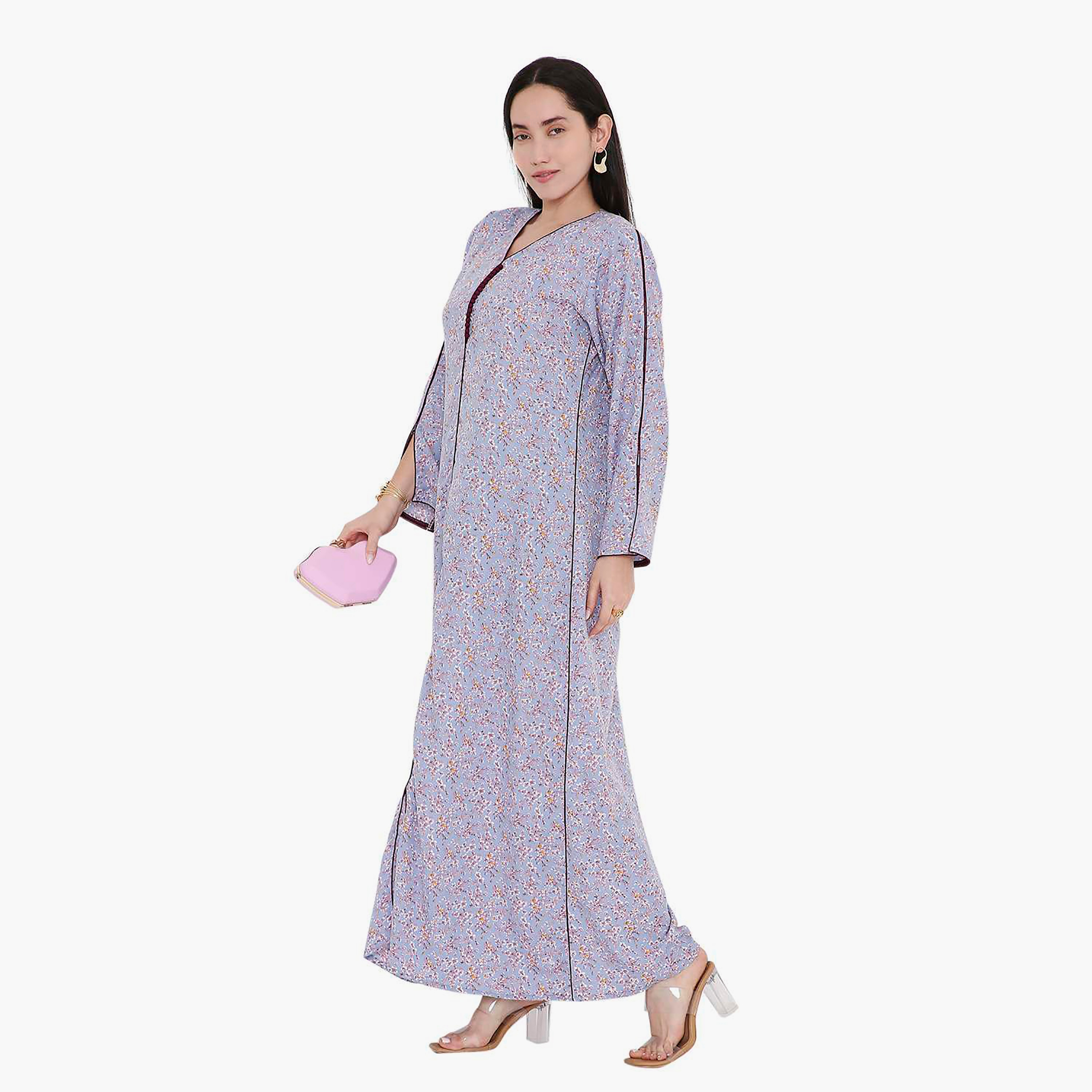 جلابية بطبعات الأزهار وأكمام مشقوقة وحواف متباينة من هانا اند سارة-women-arabicclothing-jalabiyas-image-14