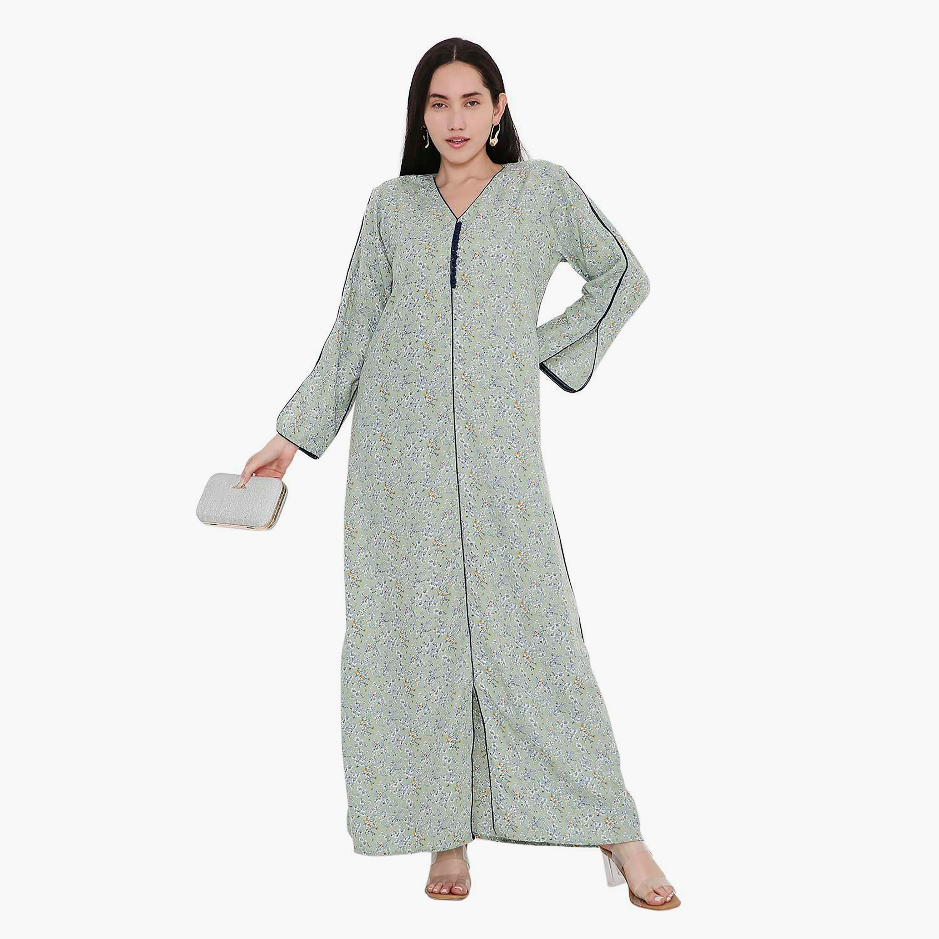 جلابية بطبعات الأزهار وأكمام مشقوقة وحواف متباينة من هانا اند سارة-women-arabicclothing-jalabiyas-image-1