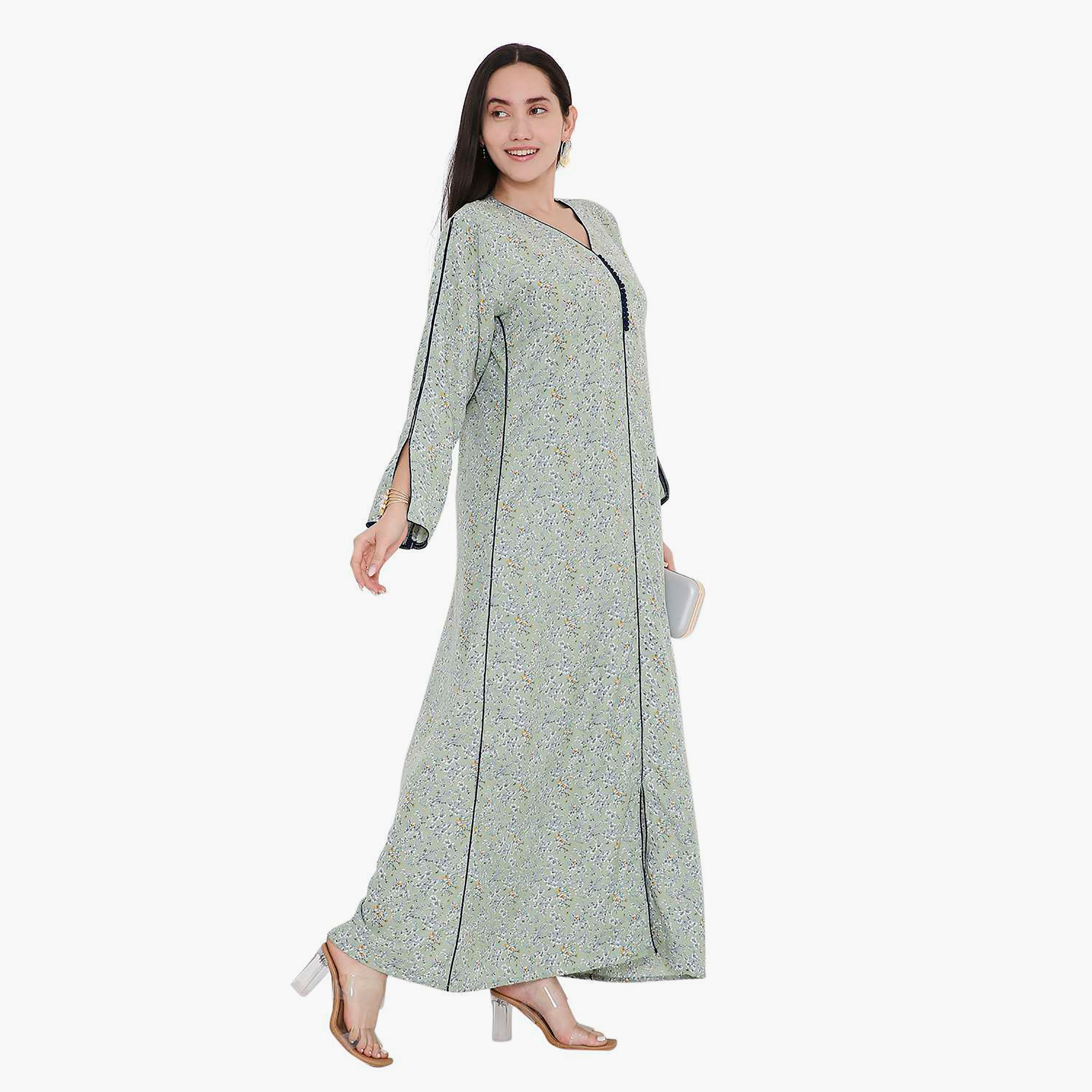جلابية بطبعات الأزهار وأكمام مشقوقة وحواف متباينة من هانا اند سارة-women-arabicclothing-jalabiyas-image-2