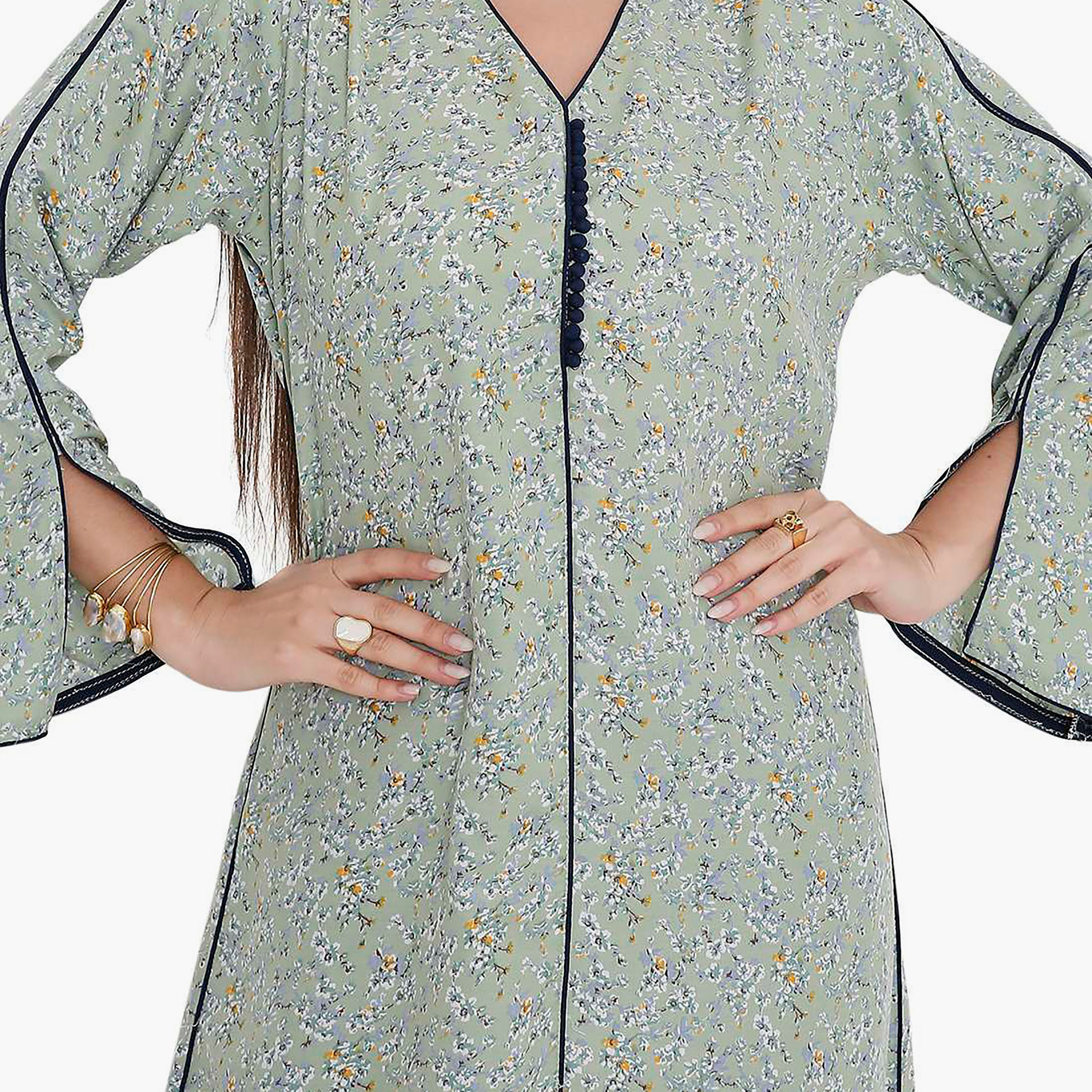 Hana & Sara Slit Sleeves Floral Print and Contrast Piping Jalabiya-women-arabicclothing-jalabiyas-image-3