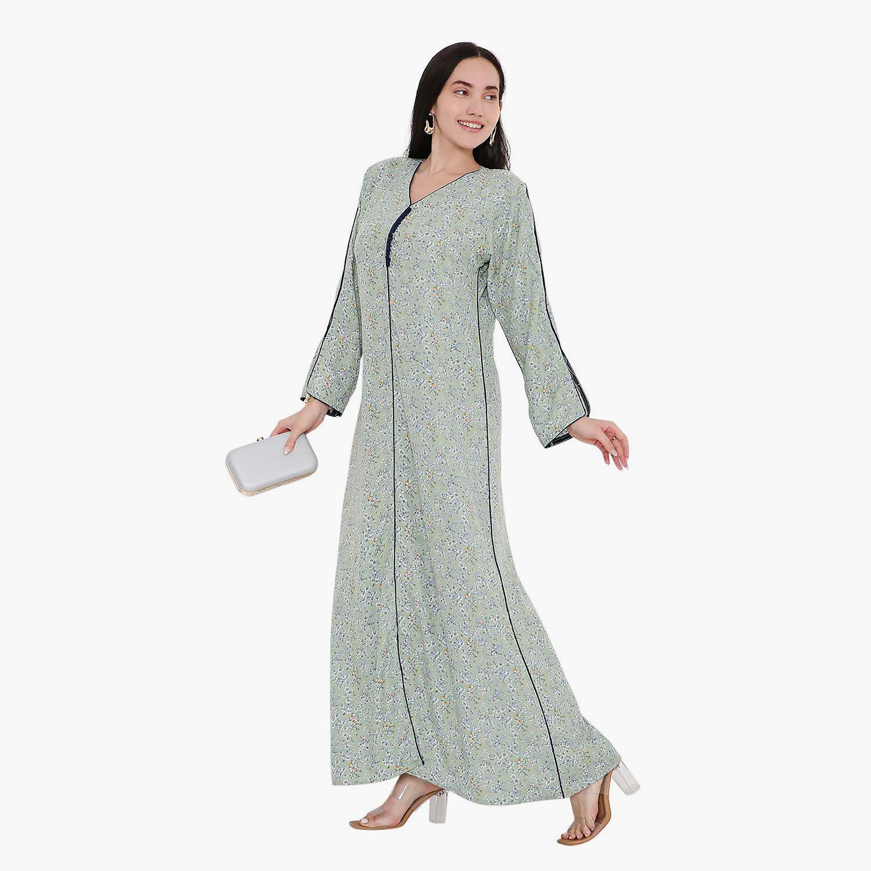 جلابية بطبعات الأزهار وأكمام مشقوقة وحواف متباينة من هانا اند سارة-women-arabicclothing-jalabiyas-image-4