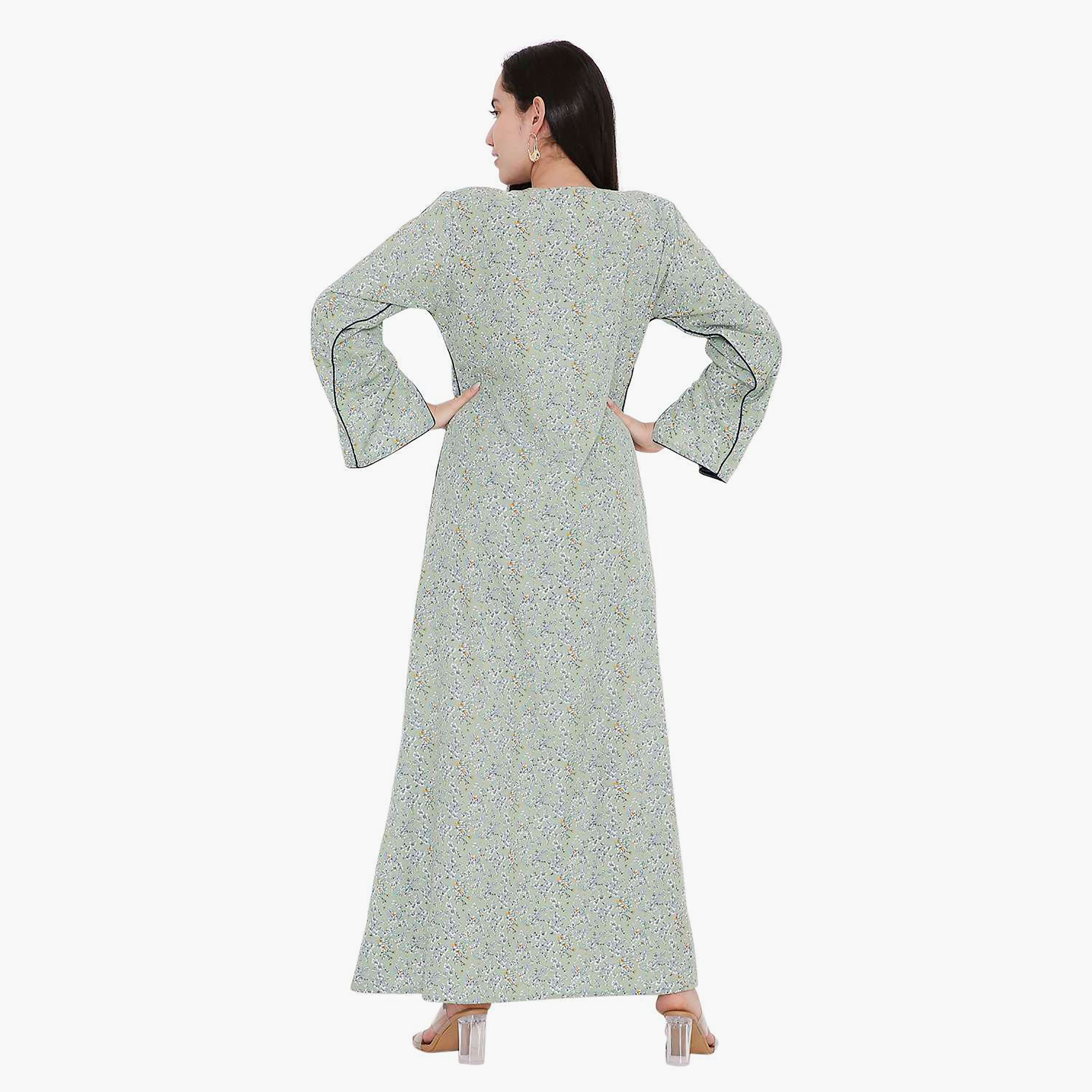 Hana & Sara Slit Sleeves Floral Print and Contrast Piping Jalabiya-women-arabicclothing-jalabiyas-image-5