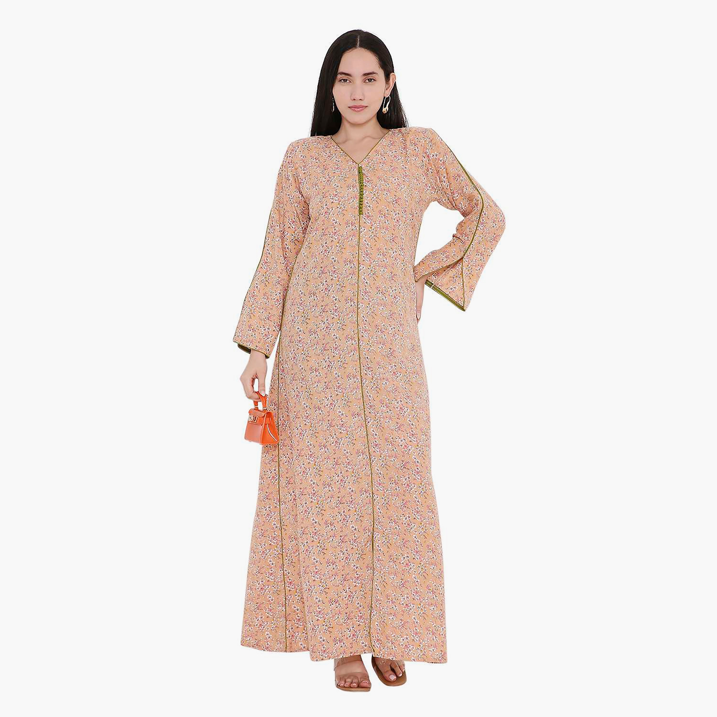 جلابية بطبعات الأزهار وأكمام مشقوقة وحواف متباينة من هانا اند سارة-women-arabicclothing-jalabiyas-image-6