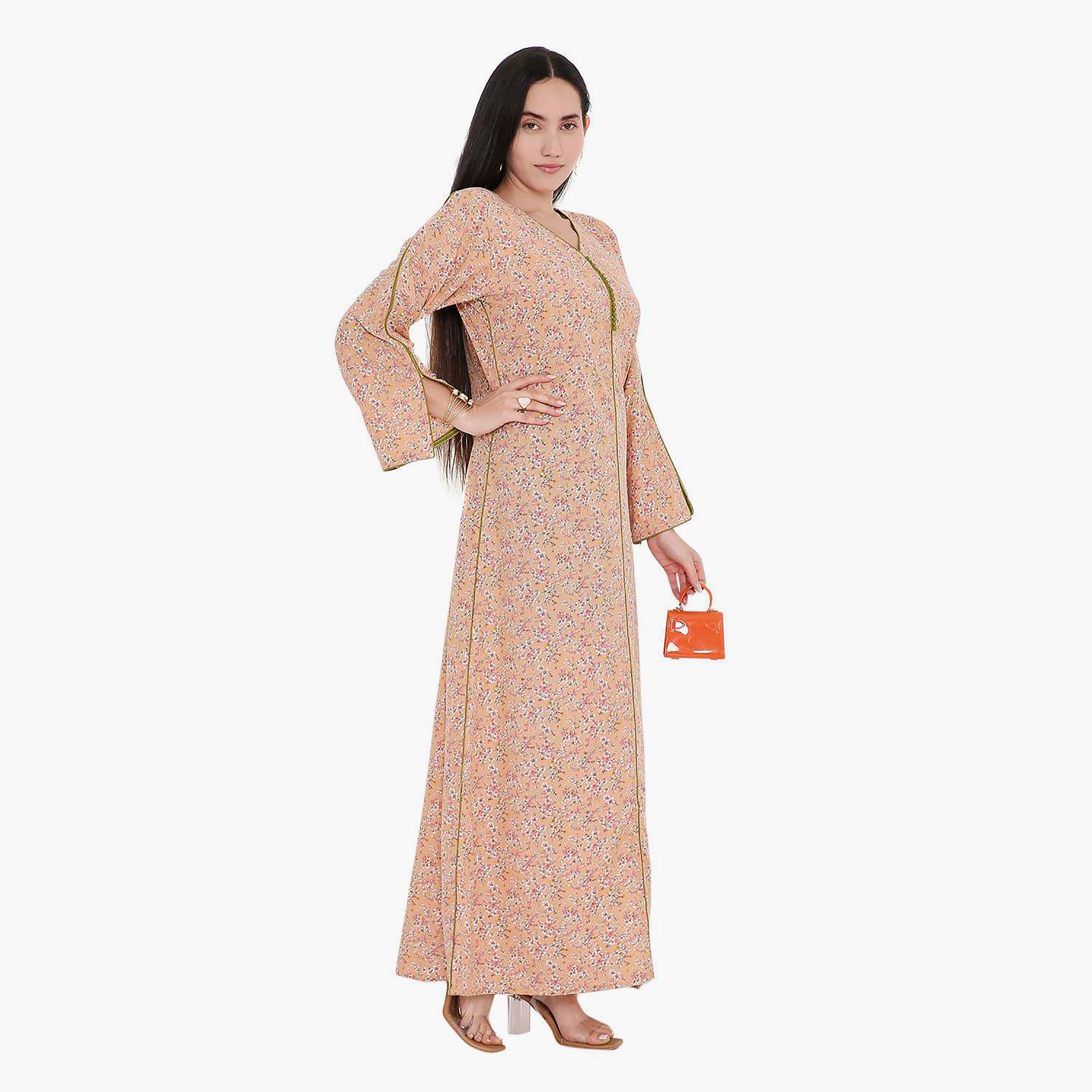 جلابية بطبعات الأزهار وأكمام مشقوقة وحواف متباينة من هانا اند سارة-women-arabicclothing-jalabiyas-image-7