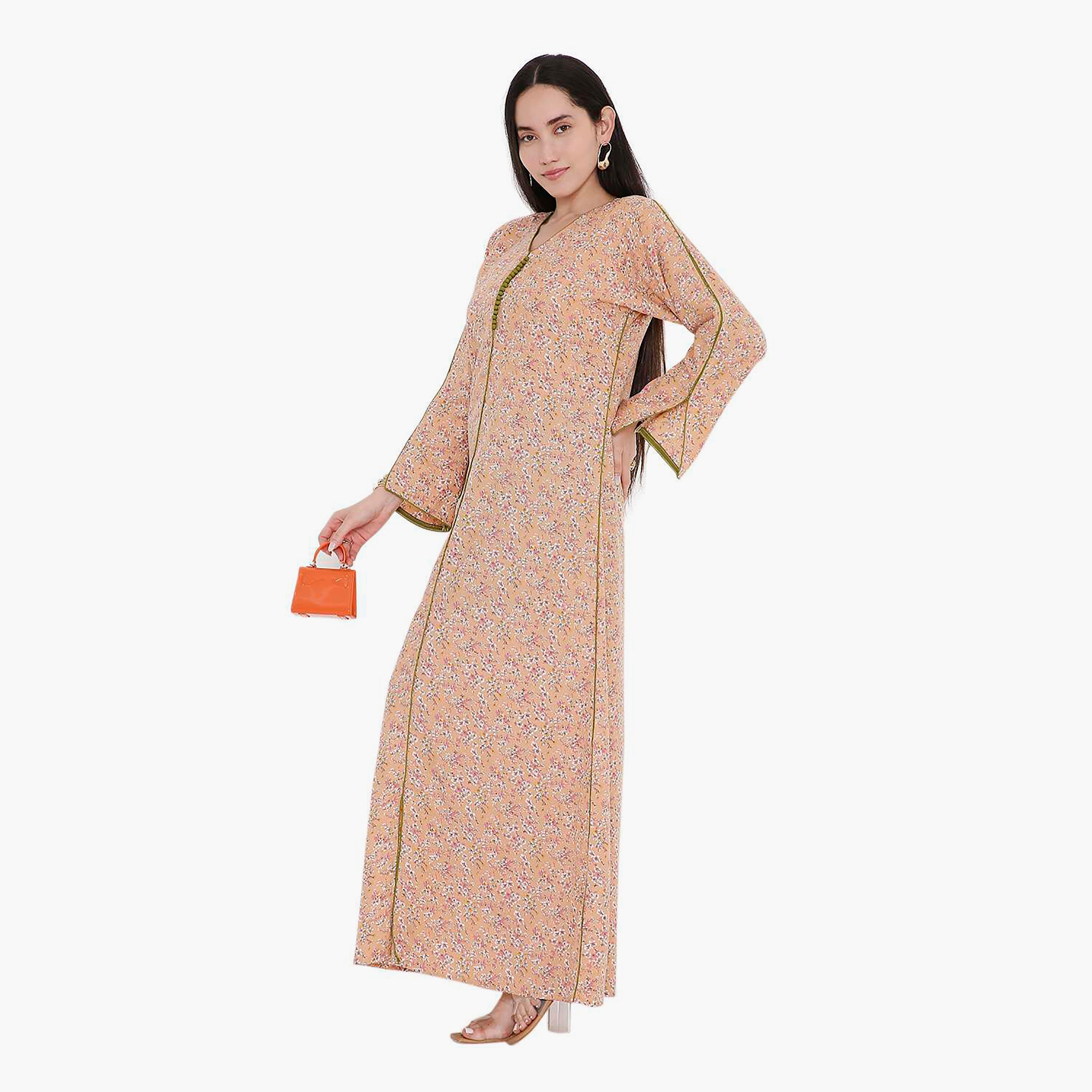 جلابية بطبعات الأزهار وأكمام مشقوقة وحواف متباينة من هانا اند سارة-women-arabicclothing-jalabiyas-image-9
