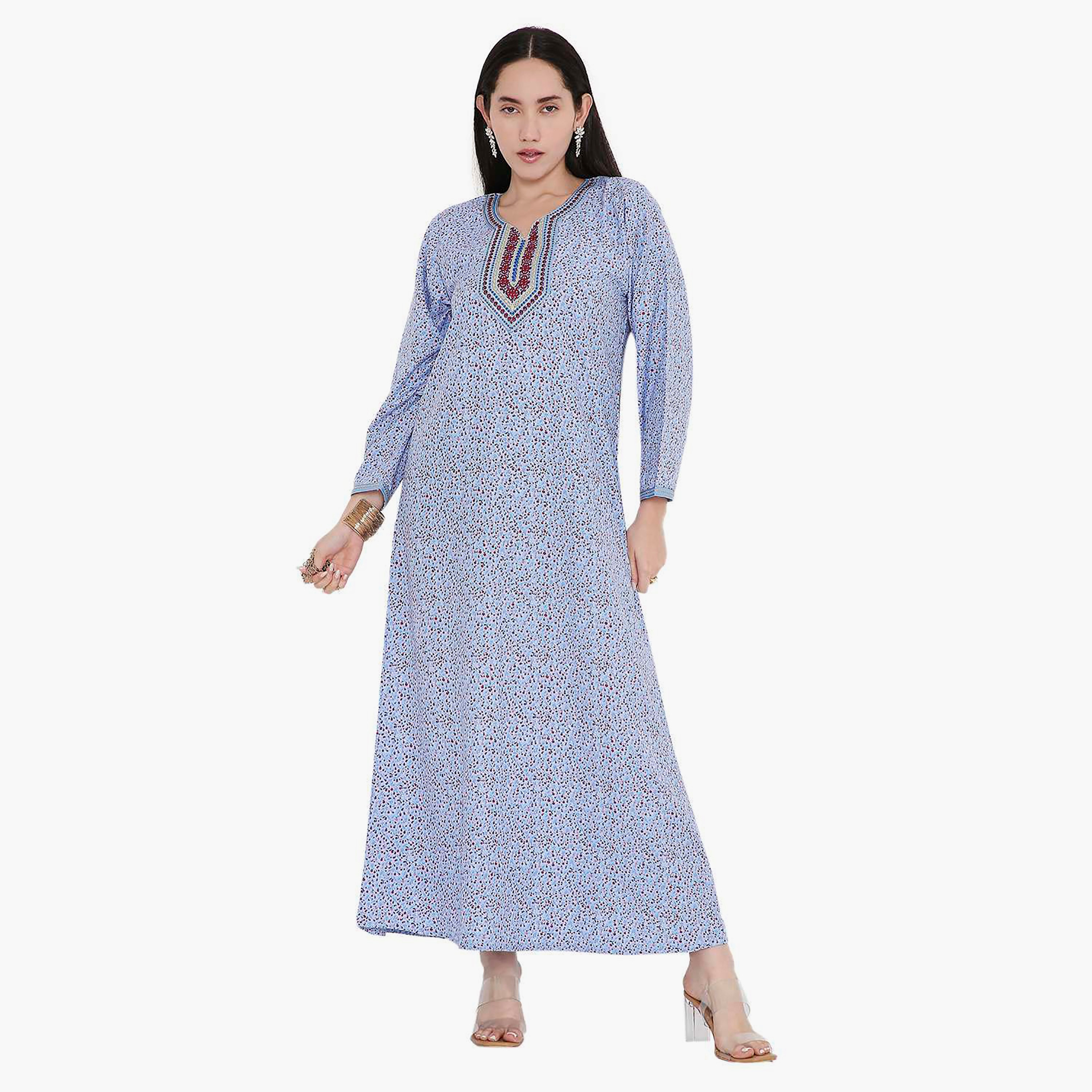 جلابية بطبعات الأزهار الكاملة والتطريز على الياقة من هانا اند سارة-women-arabicclothing-jalabiyas-image-1