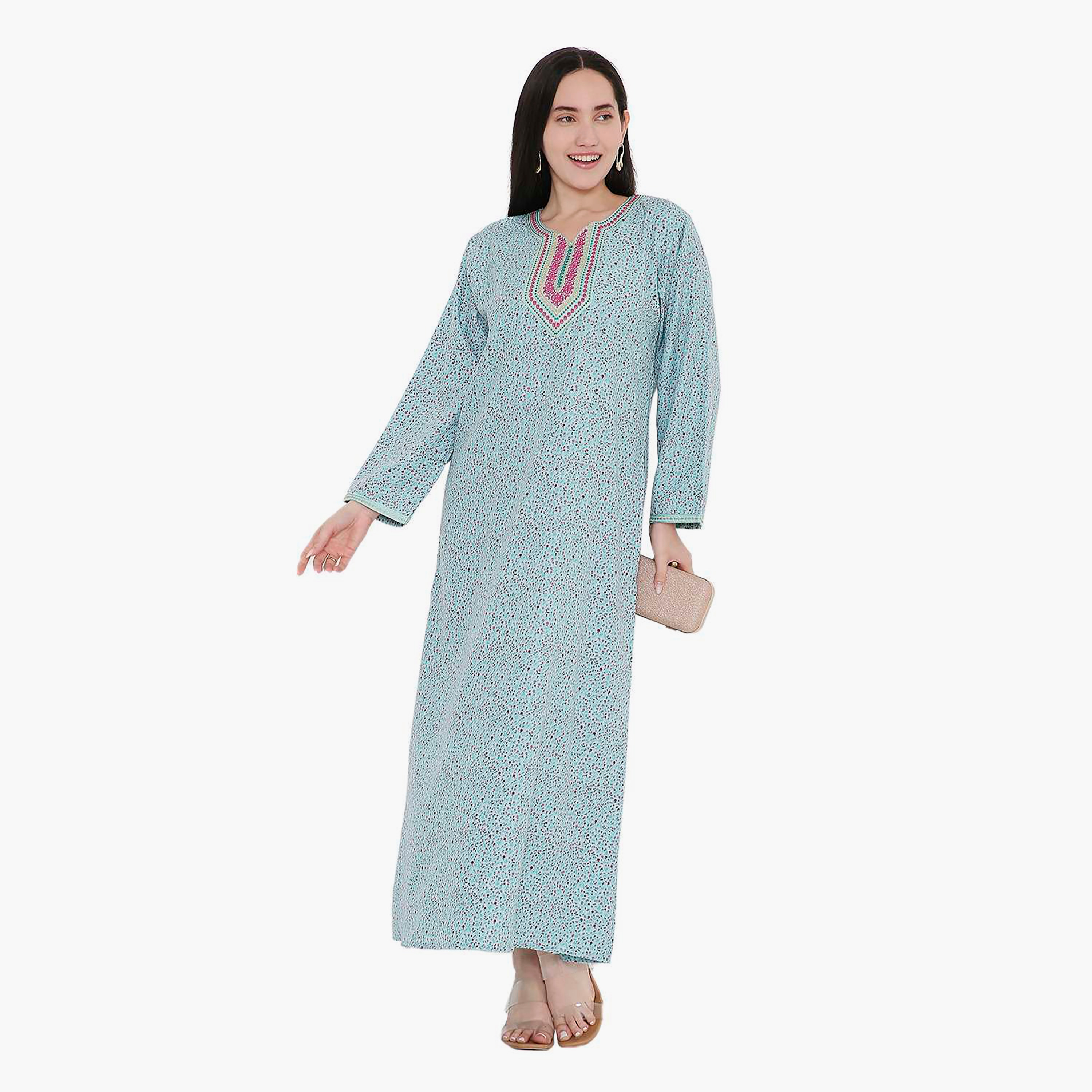 جلابية بطبعات الأزهار الكاملة والتطريز على الياقة من هانا اند سارة-women-arabicclothing-jalabiyas-image-11
