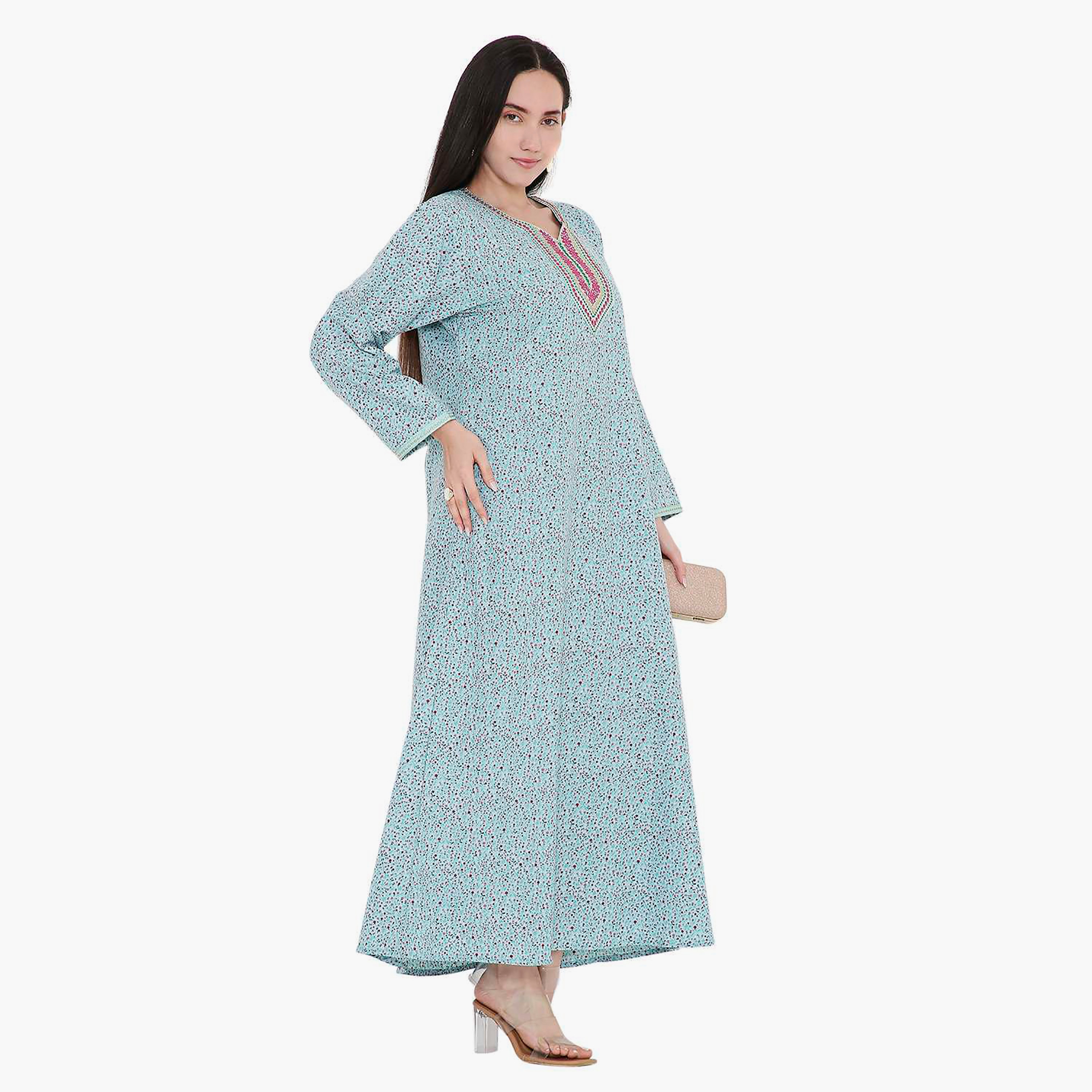 جلابية بطبعات الأزهار الكاملة والتطريز على الياقة من هانا اند سارة-women-arabicclothing-jalabiyas-image-12