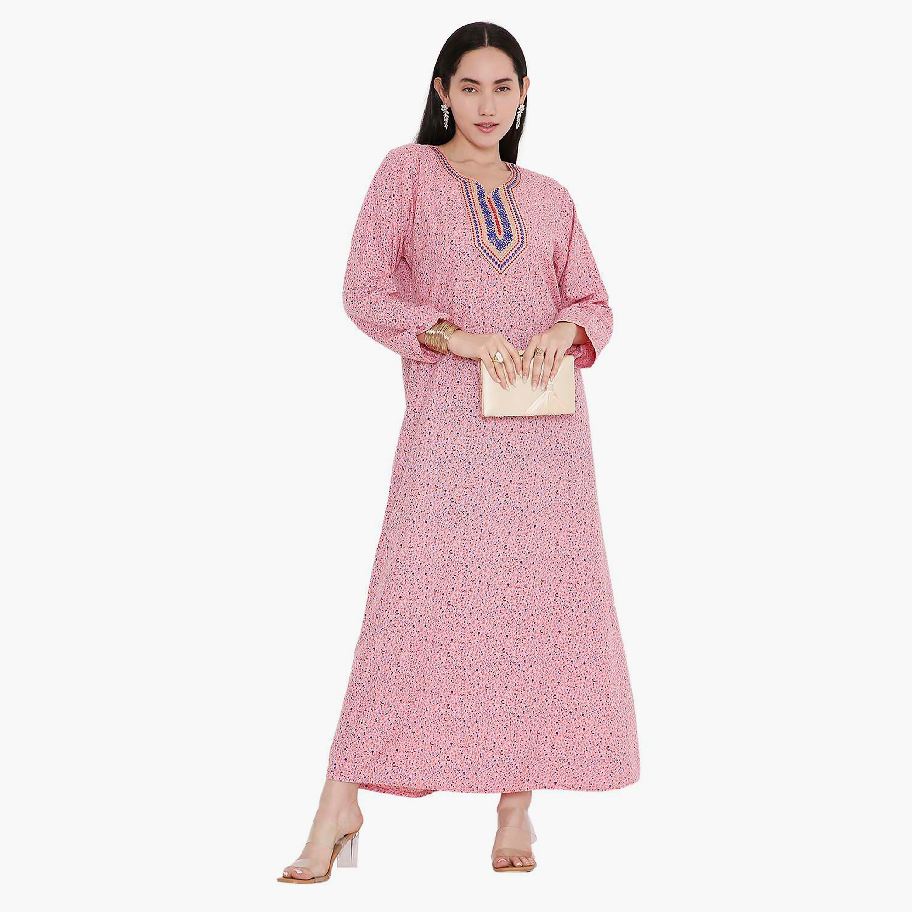 جلابية بطبعات الأزهار الكاملة والتطريز على الياقة من هانا اند سارة-women-arabicclothing-jalabiyas-image-6