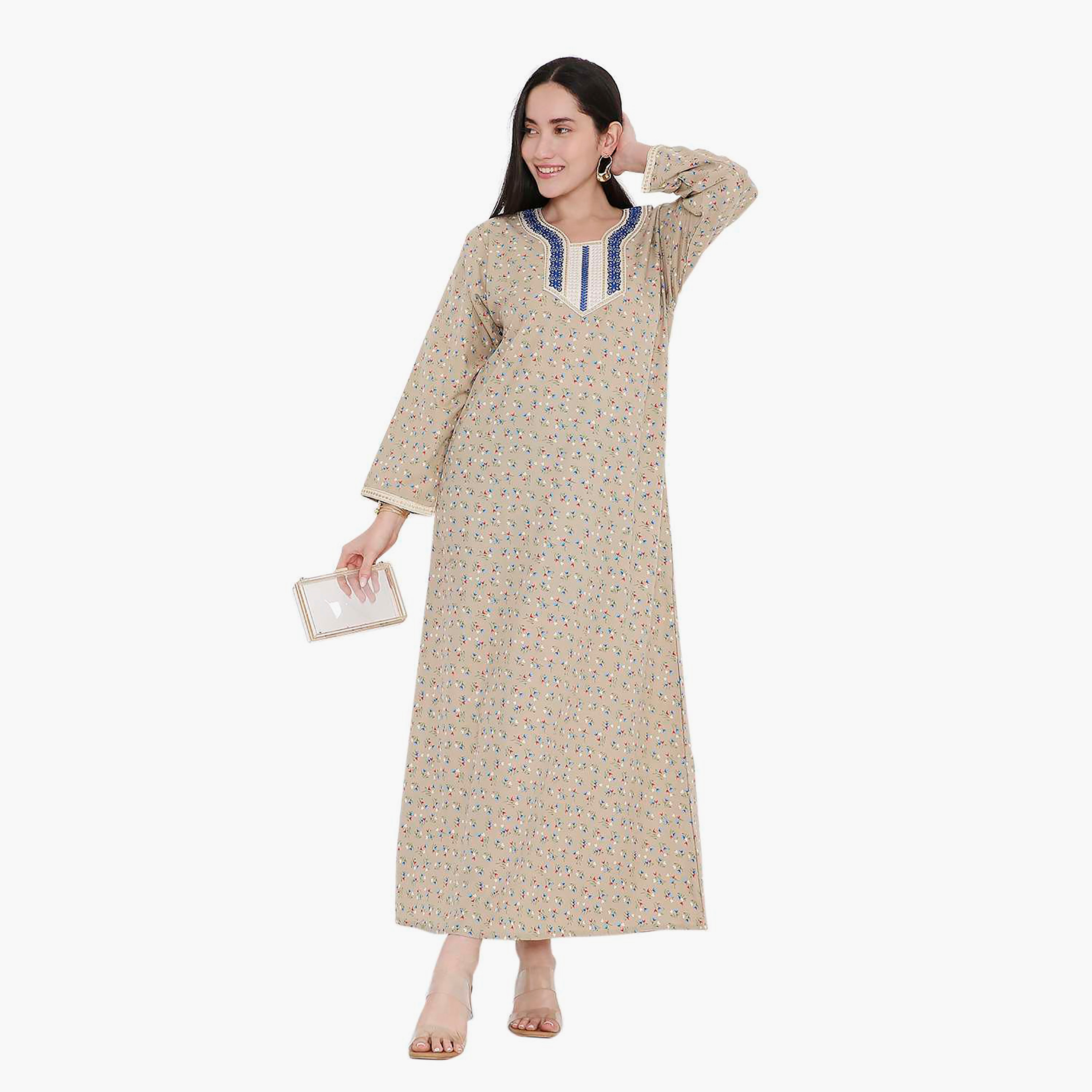 Hana & Sara All Over Print and Embroidered Yoke Jalabiya-women-arabicclothing-jalabiyas-image-1