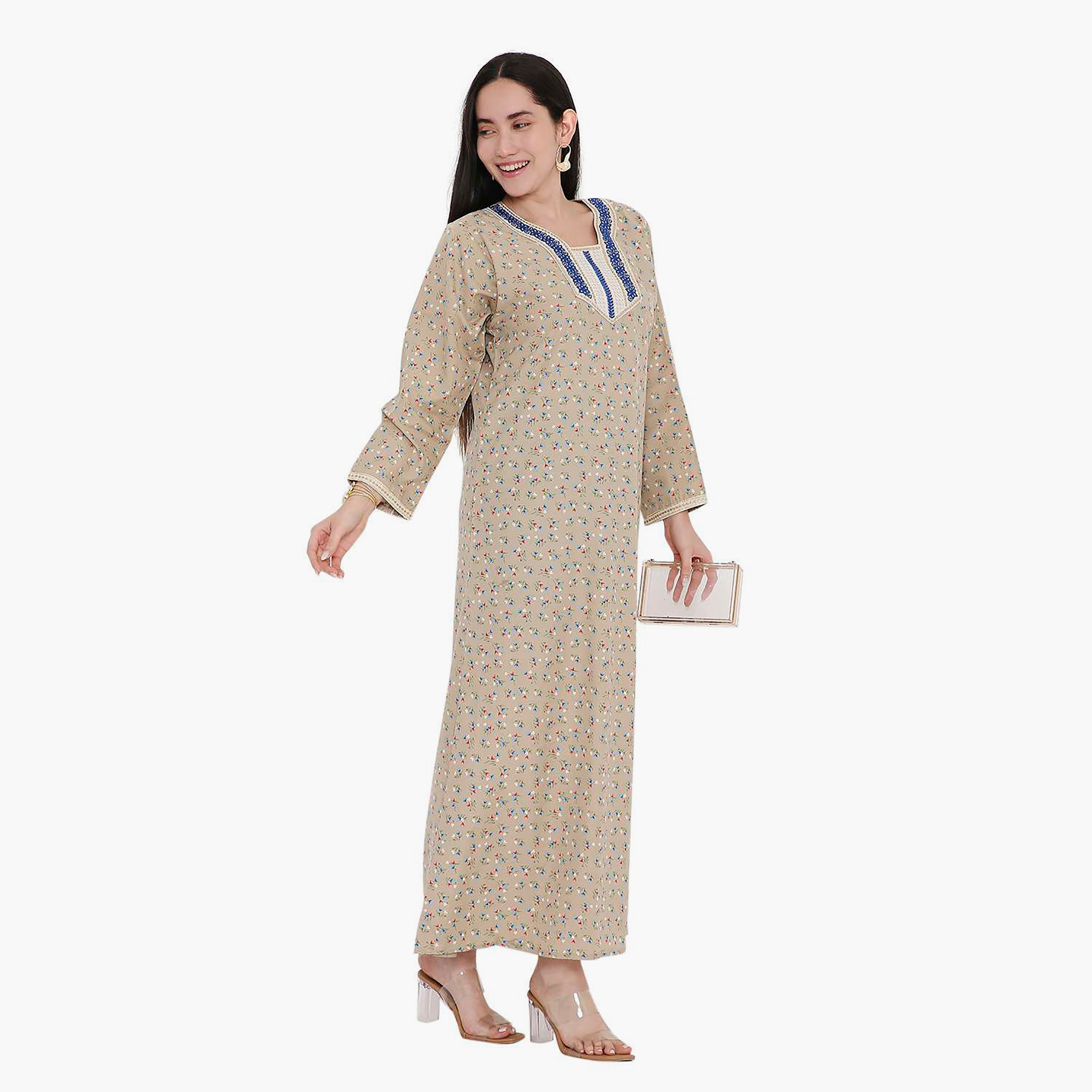Hana & Sara All Over Print and Embroidered Yoke Jalabiya-women-arabicclothing-jalabiyas-image-2