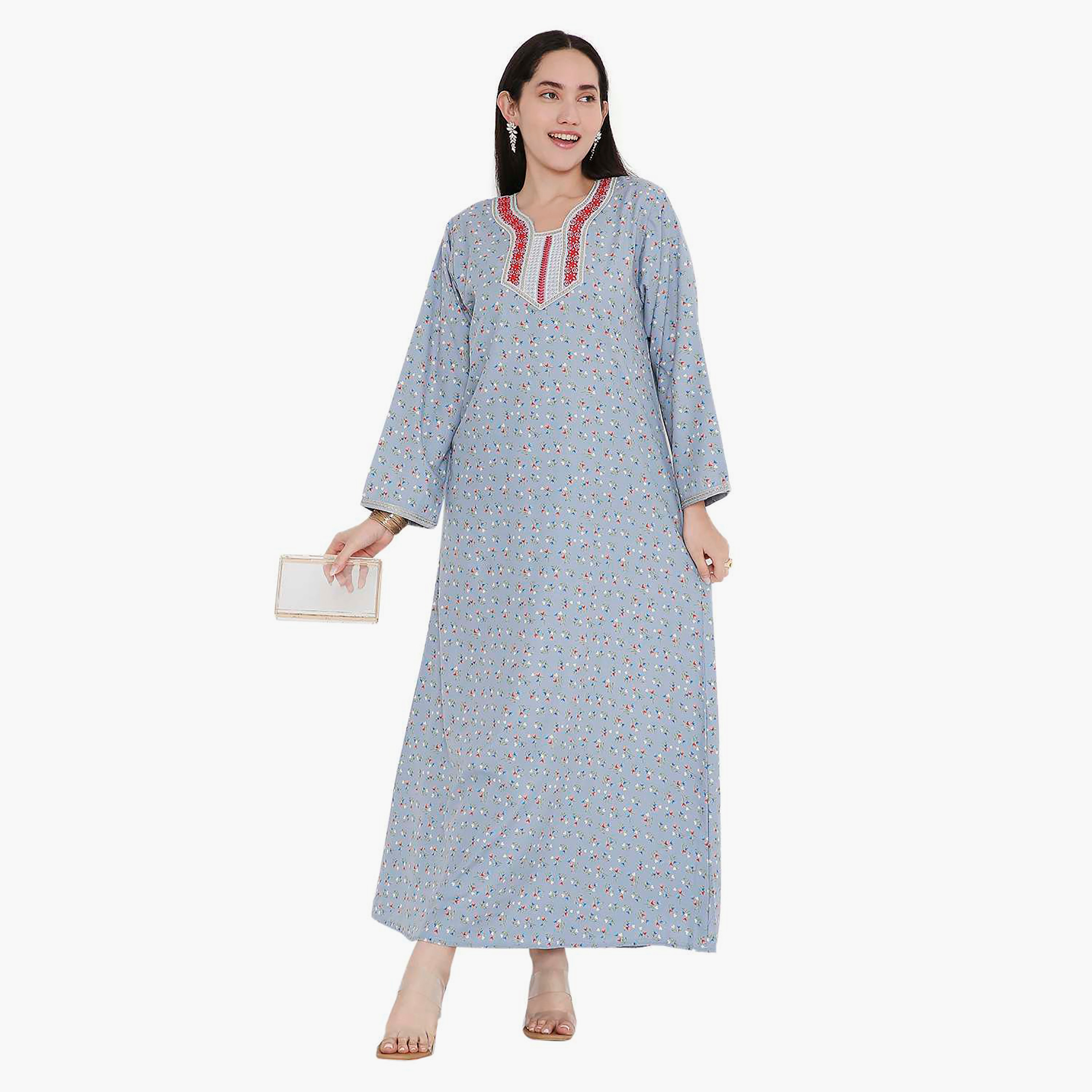 جلابية بطبعات كاملة وتطريز على الياقة من هانا اند سارة-women-arabicclothing-jalabiyas-image-1
