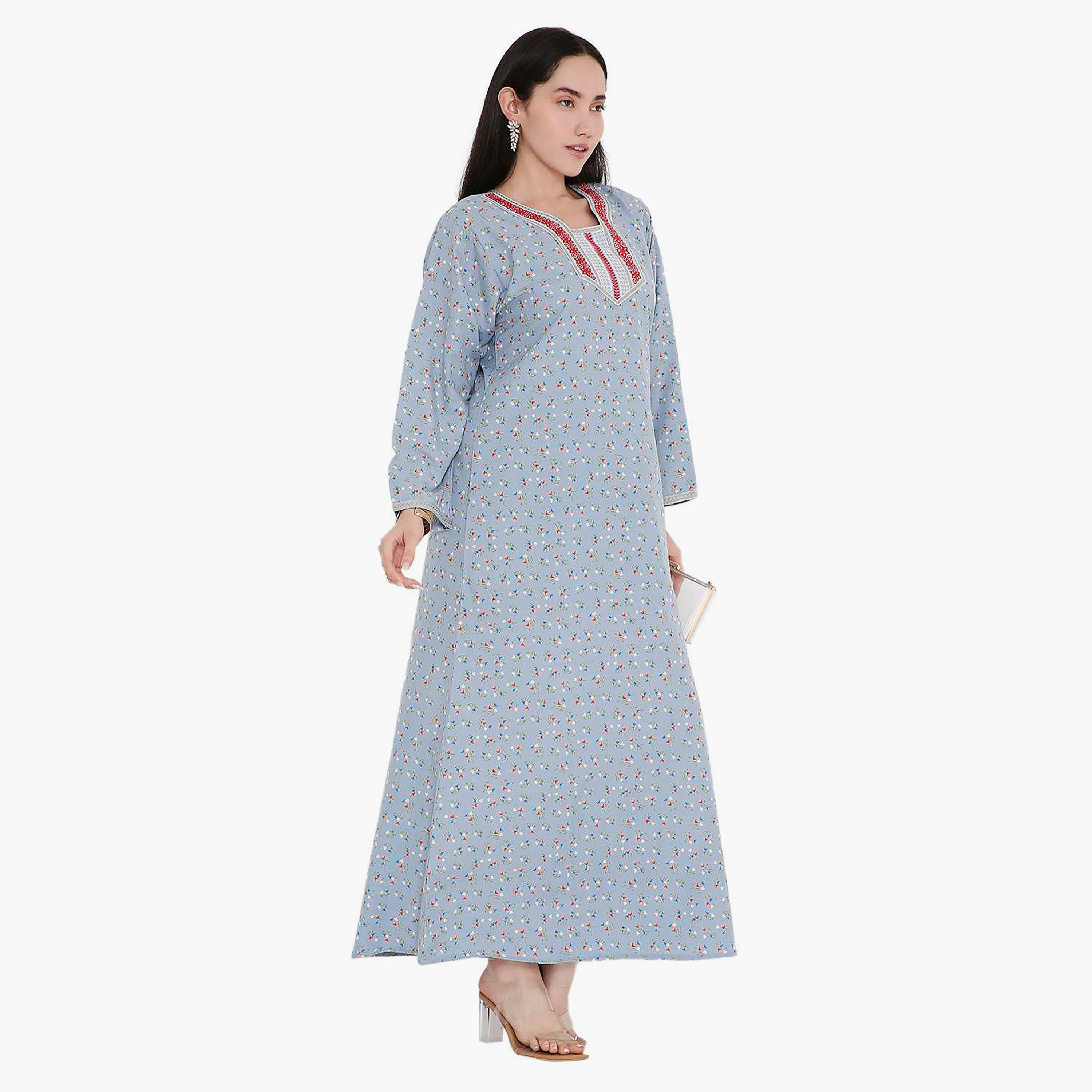 جلابية بطبعات كاملة وتطريز على الياقة من هانا اند سارة-women-arabicclothing-jalabiyas-image-2