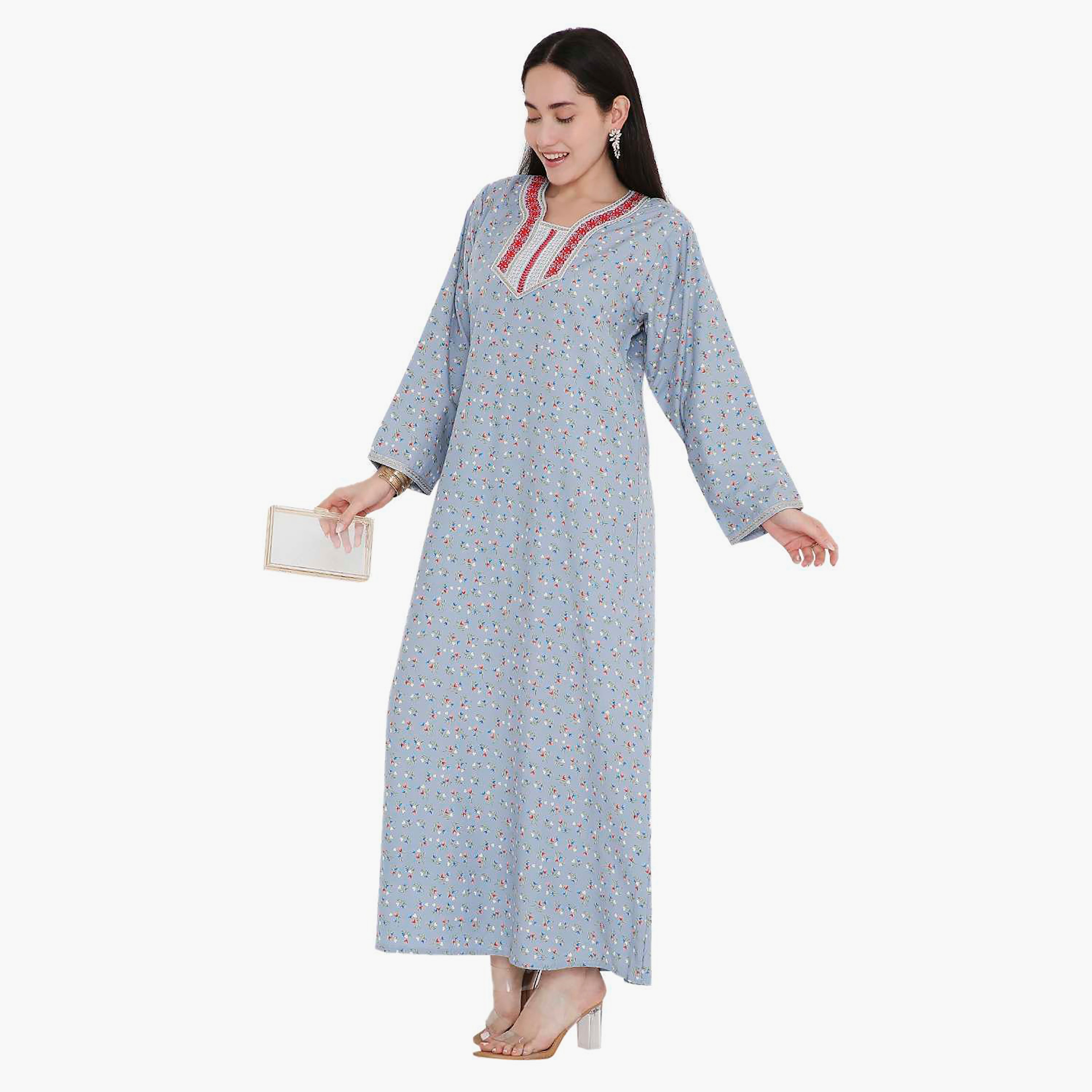جلابية بطبعات كاملة وتطريز على الياقة من هانا اند سارة-women-arabicclothing-jalabiyas-image-4