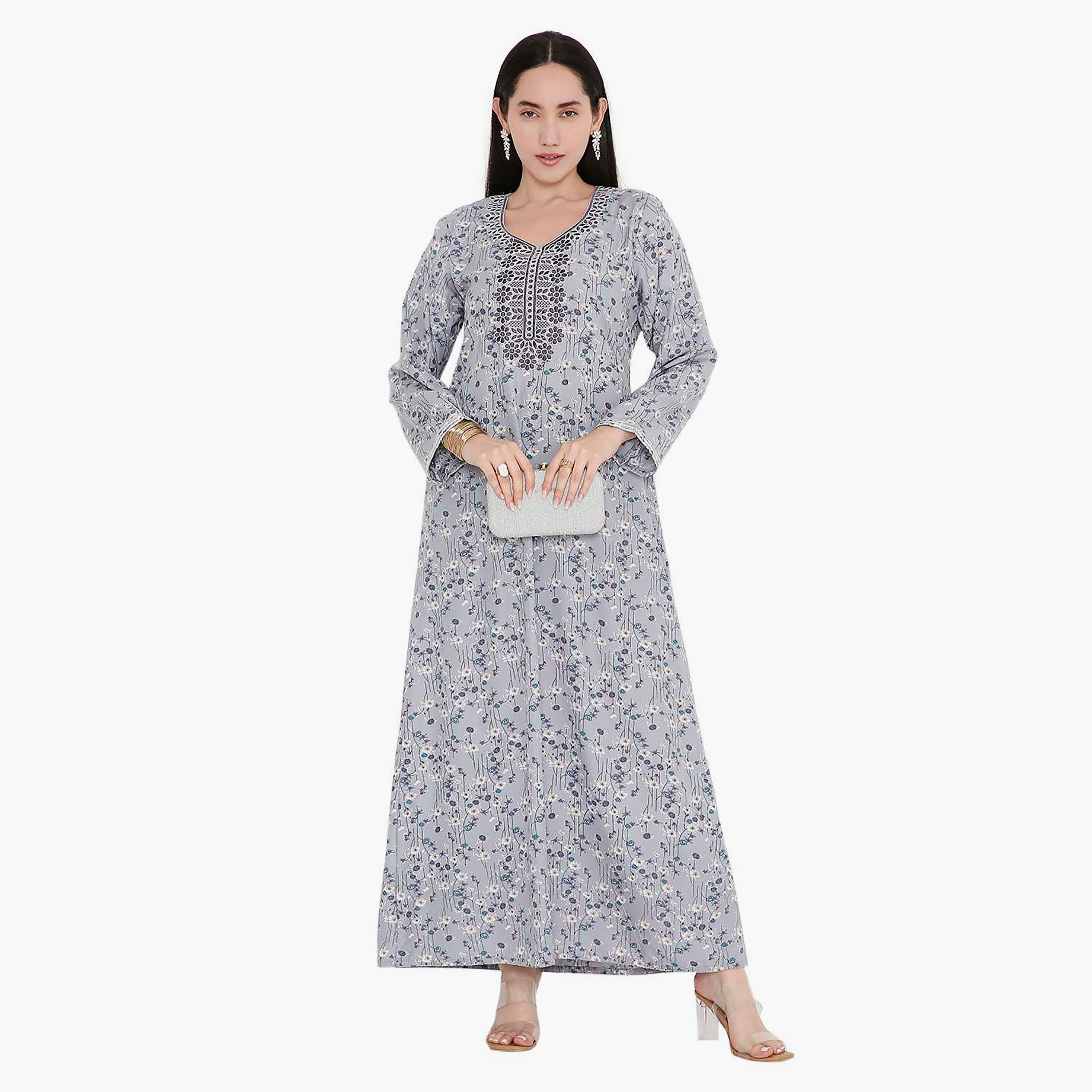 Hana & Sara All Over Floral Print and Embroidered Yoke Jalabiya-women-arabicclothing-jalabiyas-image-1