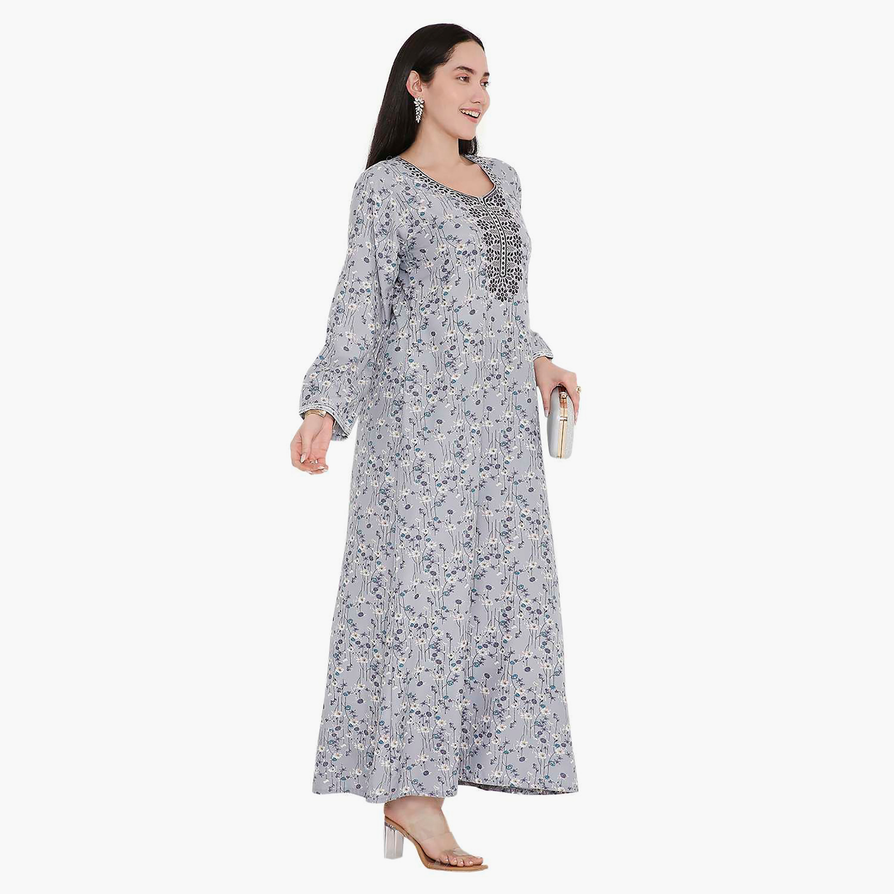 Hana & Sara All Over Floral Print and Embroidered Yoke Jalabiya-women-arabicclothing-jalabiyas-image-2