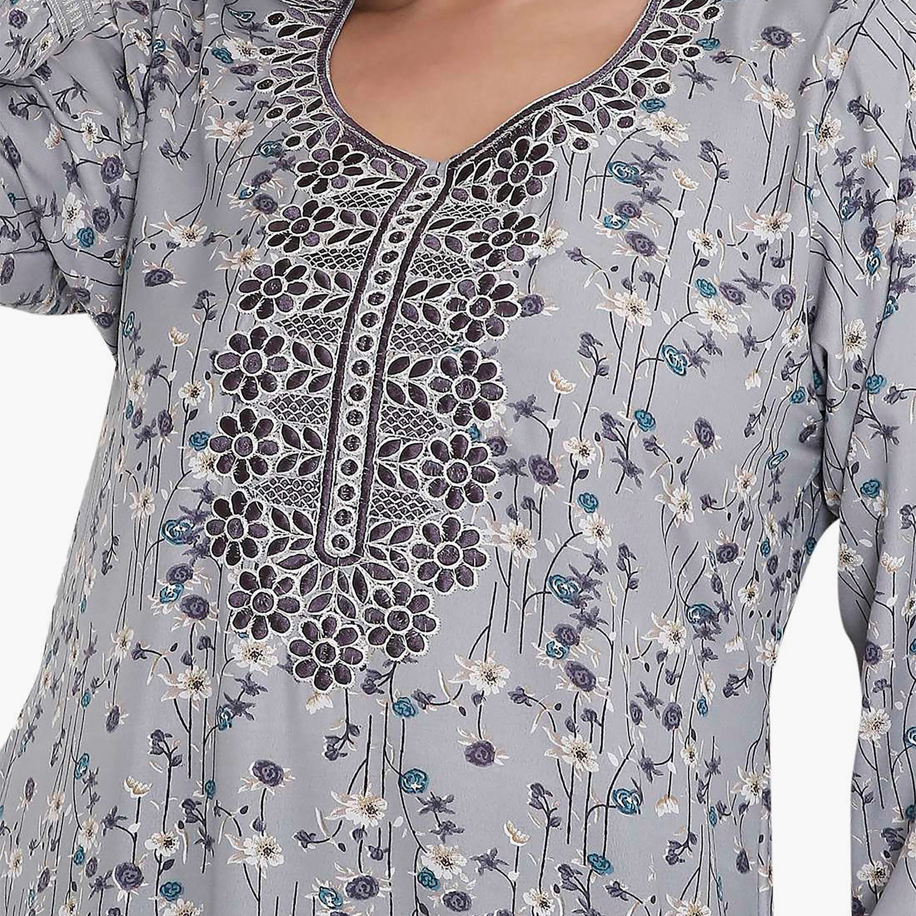 Hana & Sara All Over Floral Print and Embroidered Yoke Jalabiya-women-arabicclothing-jalabiyas-image-3