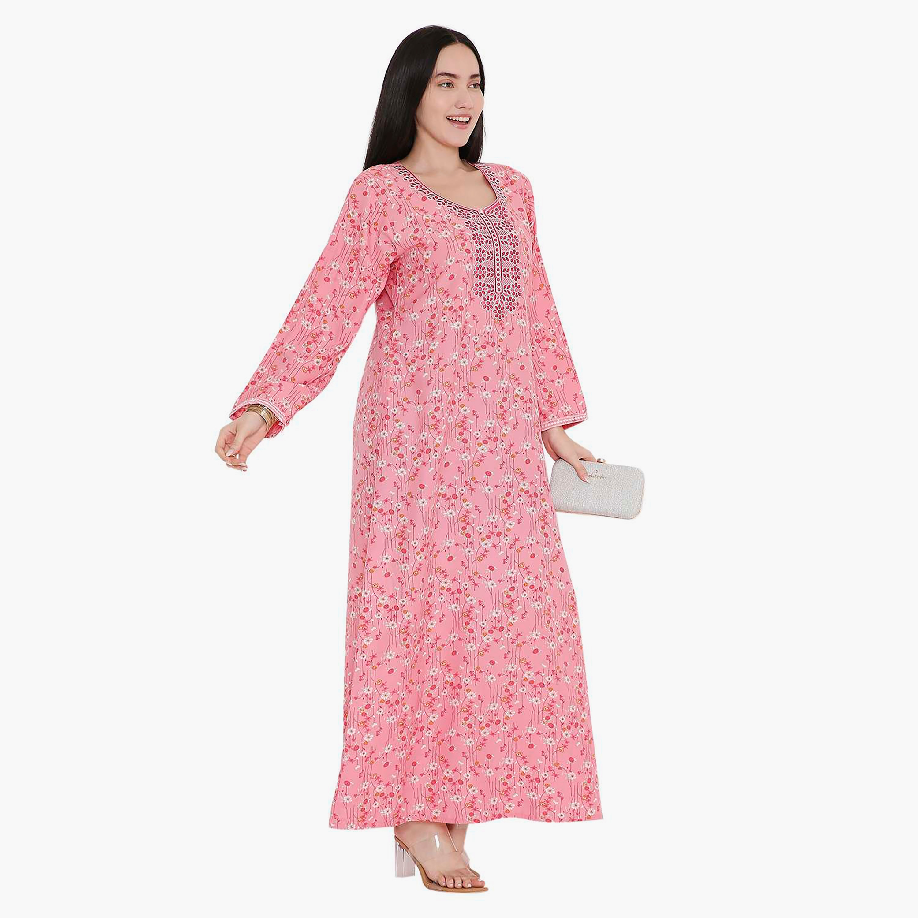 Hana & Sara All Over Floral Print and Embroidered Yoke Jalabiya-women-arabicclothing-jalabiyas-image-12