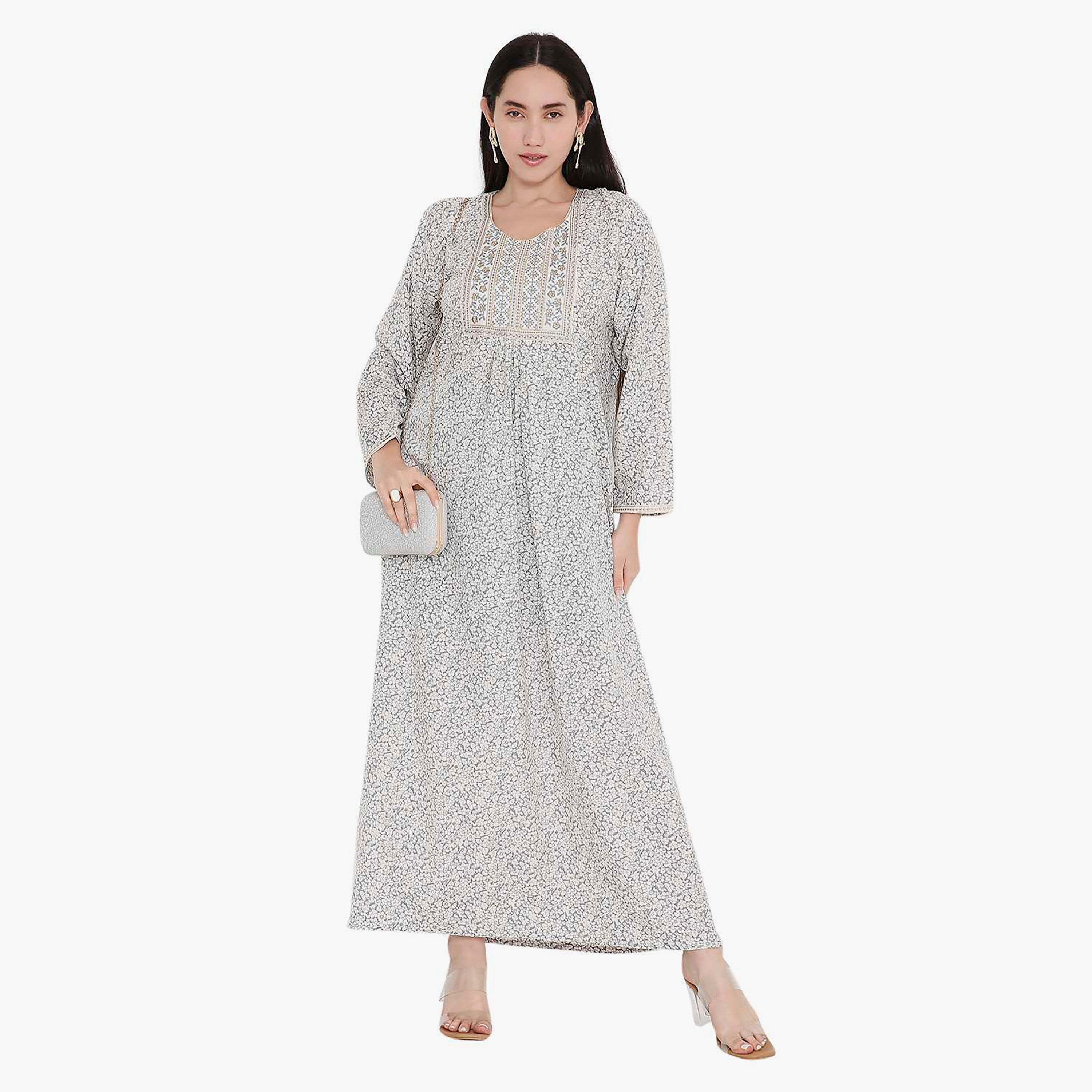 جلابية بطبعات الأزهار الكاملة والتطريز على الياقة من هانا اند سارة-women-arabicclothing-jalabiyas-image-1