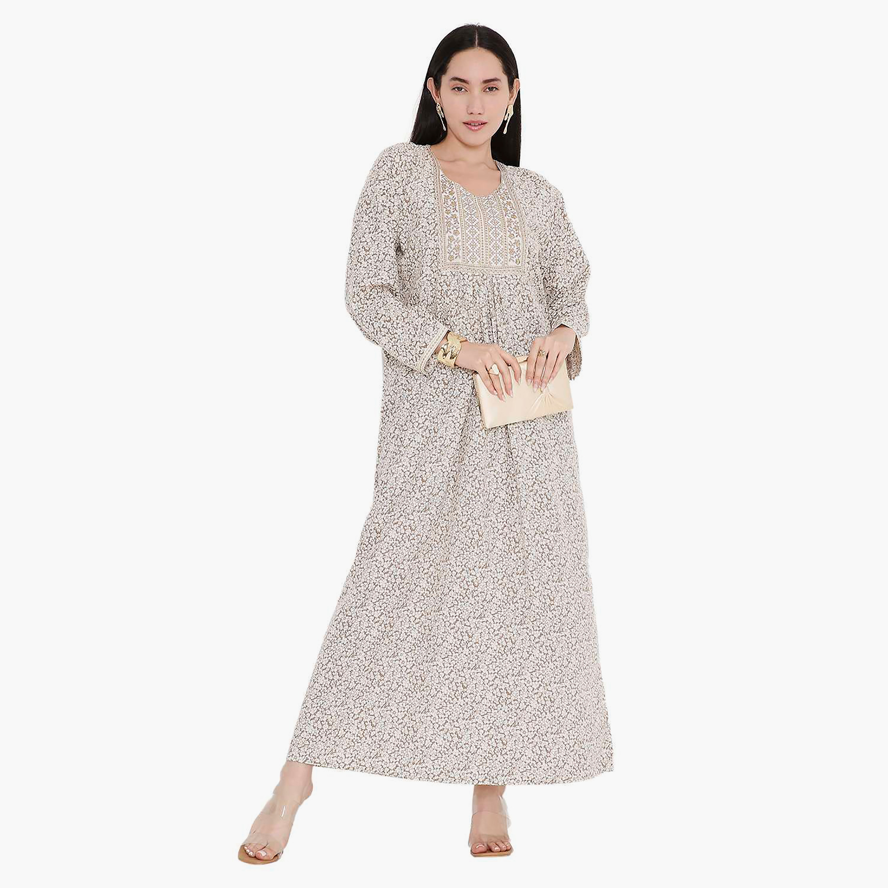جلابية بطبعات الأزهار الكاملة والتطريز على الياقة من هانا اند سارة-women-arabicclothing-jalabiyas-image-1