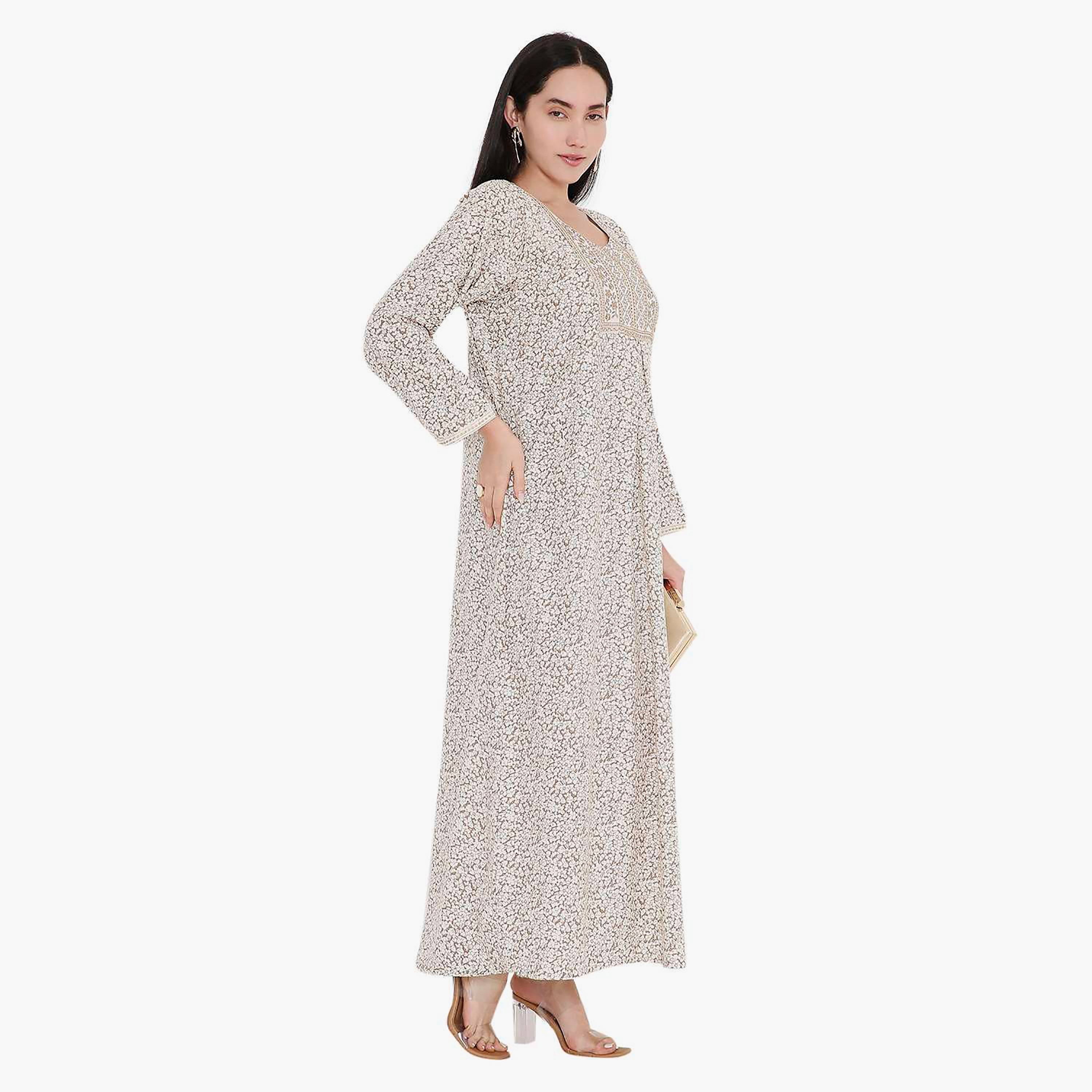 جلابية بطبعات الأزهار الكاملة والتطريز على الياقة من هانا اند سارة-women-arabicclothing-jalabiyas-image-2