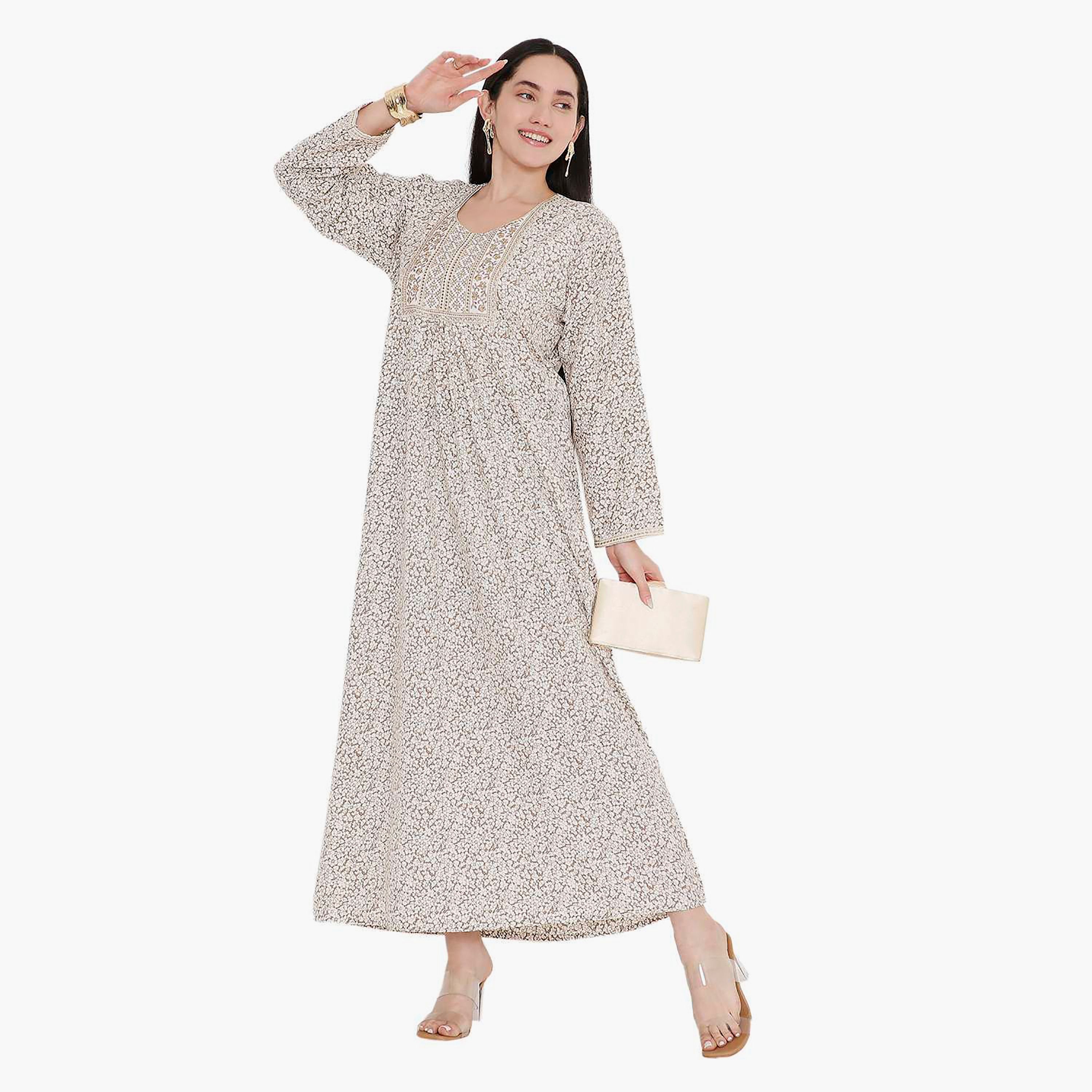 جلابية بطبعات الأزهار الكاملة والتطريز على الياقة من هانا اند سارة-women-arabicclothing-jalabiyas-image-4